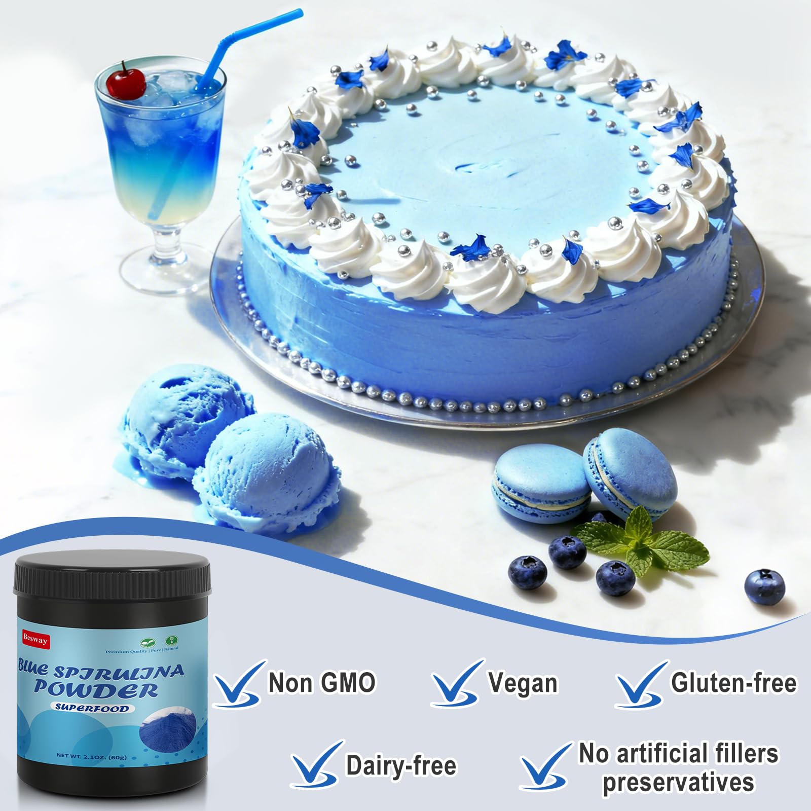 Besway Spirulina Powder displayed with baking ingredients