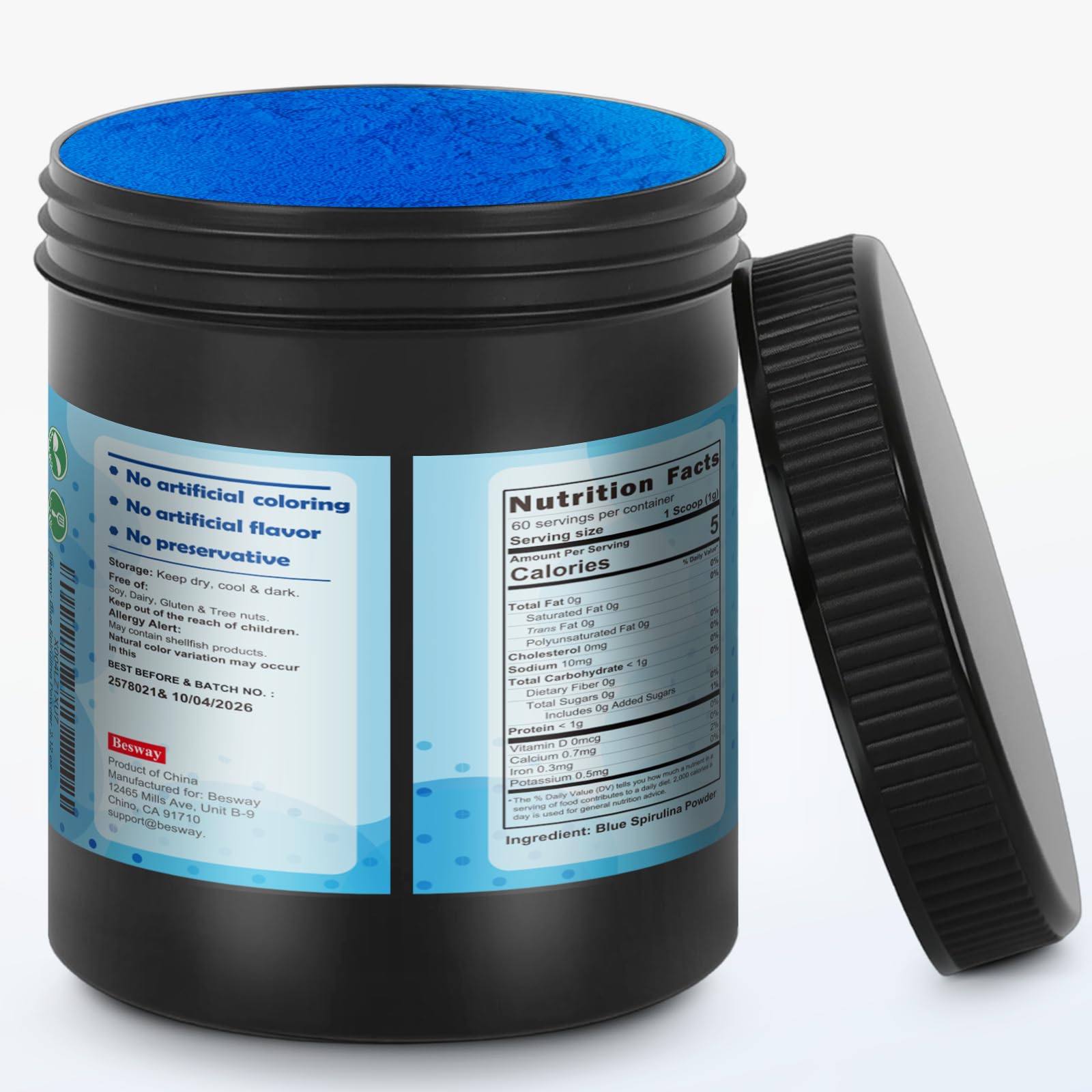 Besway Spirulina Powder inside the pouch with blue powder