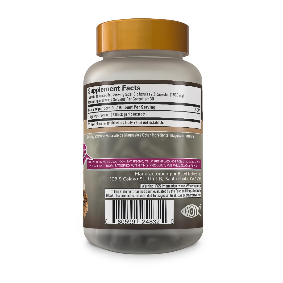 Betel Natural Black Garlic Supplement 1500mg capsule close-up