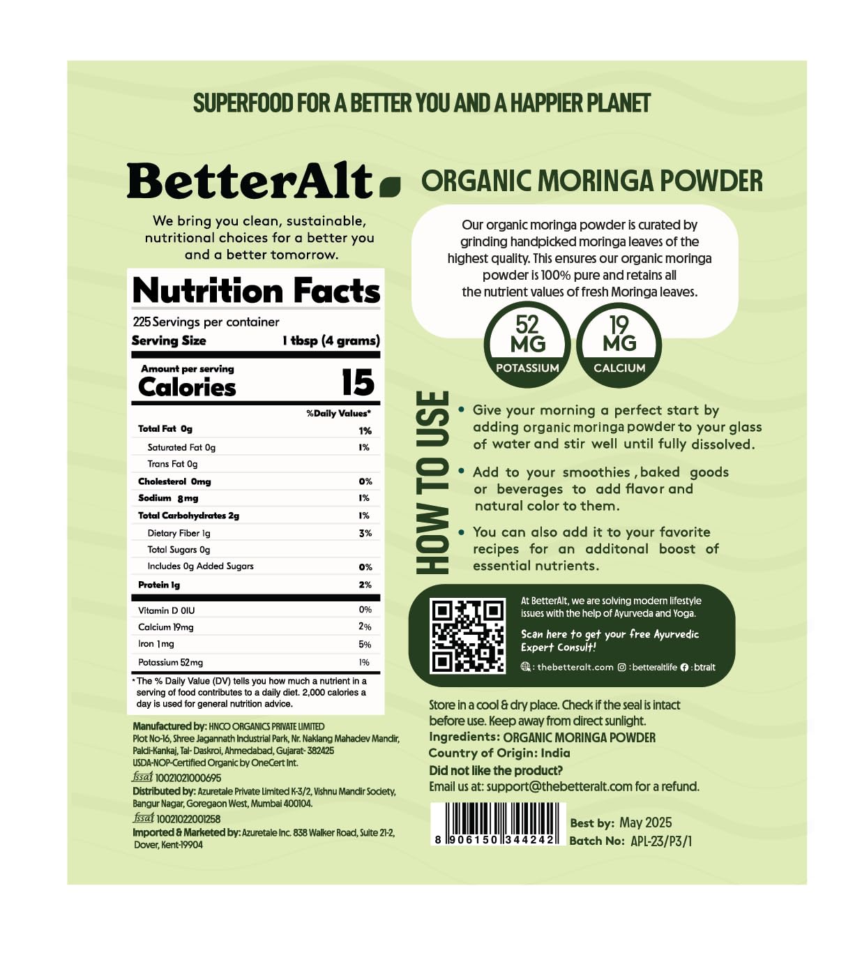 Better Alt Moringa Powder 889g resealable bag opened