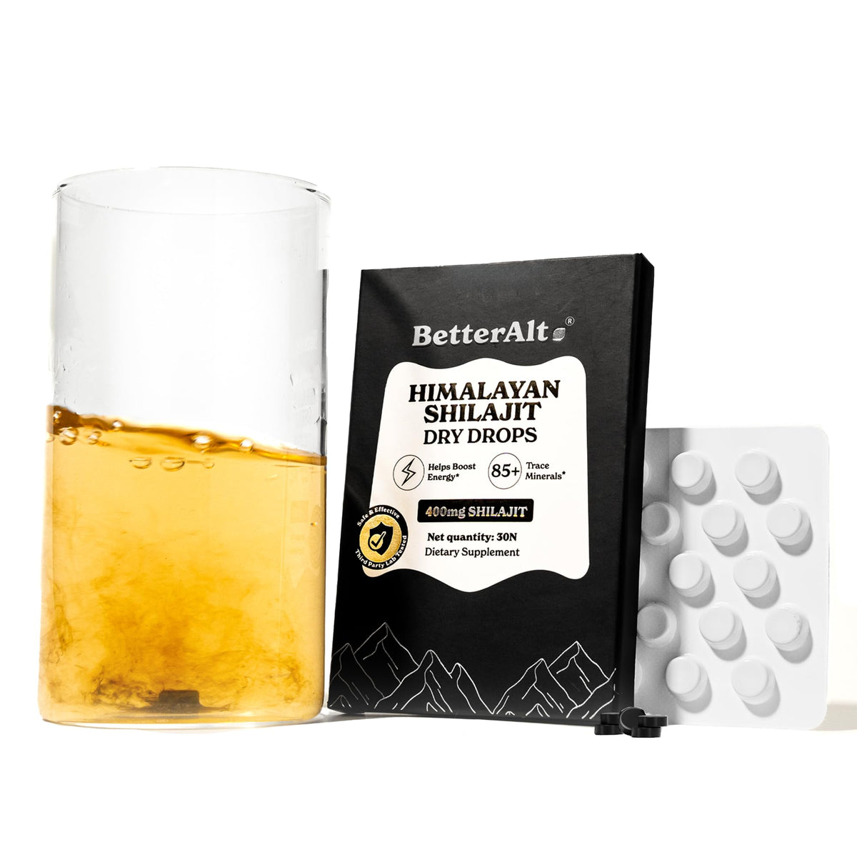 Better Alt Shilajit Dry Drops 30N front view with packaging