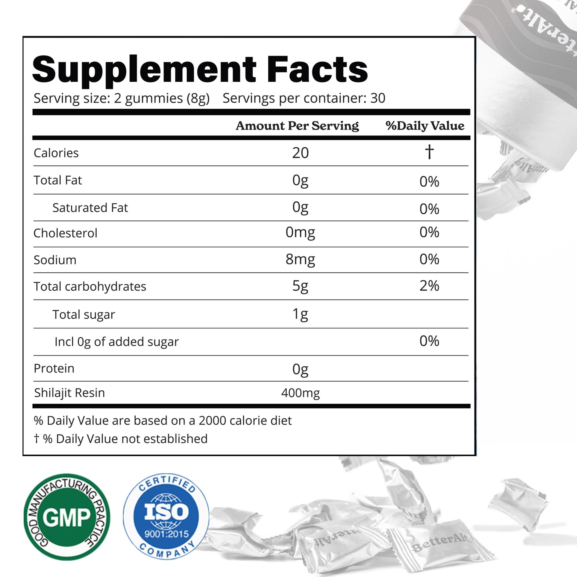 Better Alt Shilajit Gummies 40g displayed with ingredients