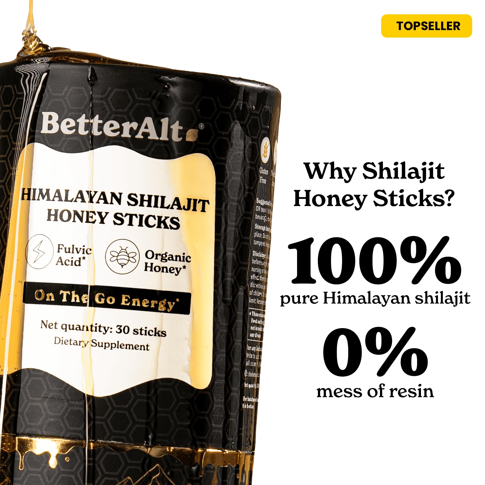 Better Alt Shilajit + Honey Sticks displayed with honeycomb