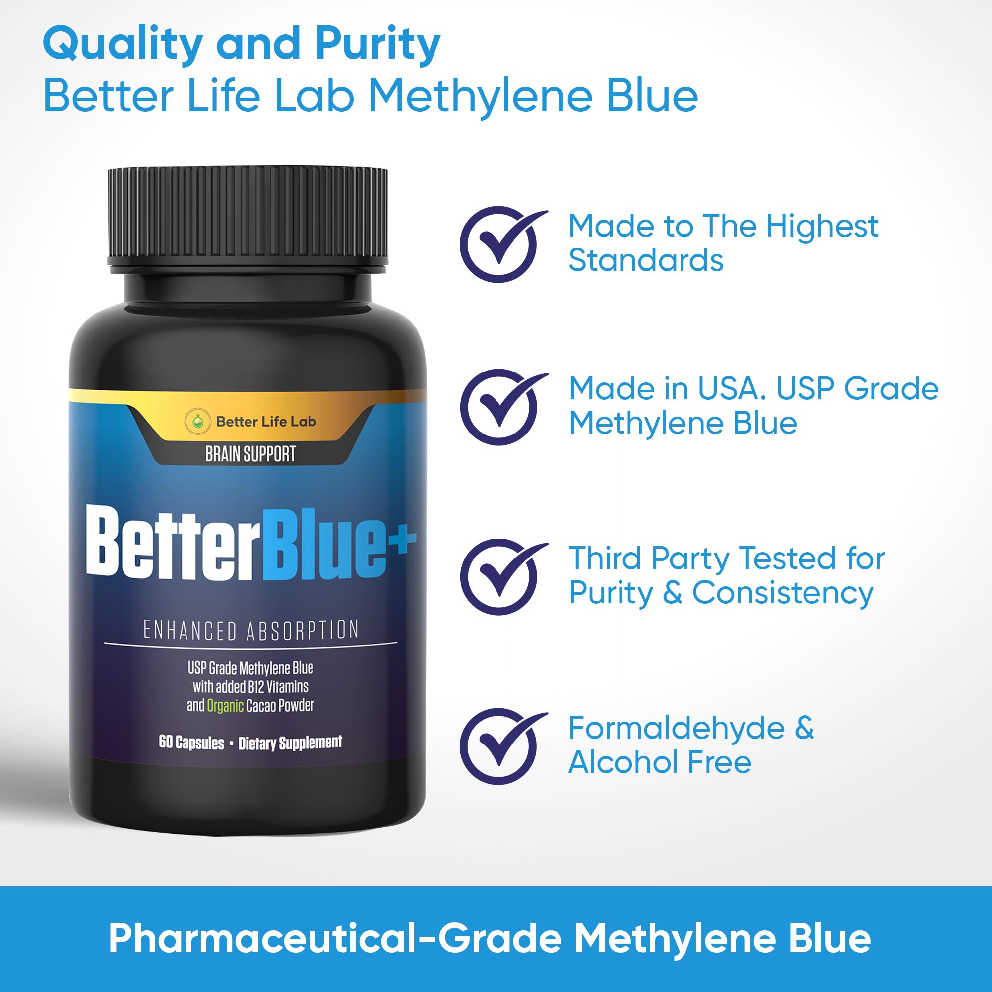 BETTER LIFE LAB Methylene Blue Capsules on a wooden table