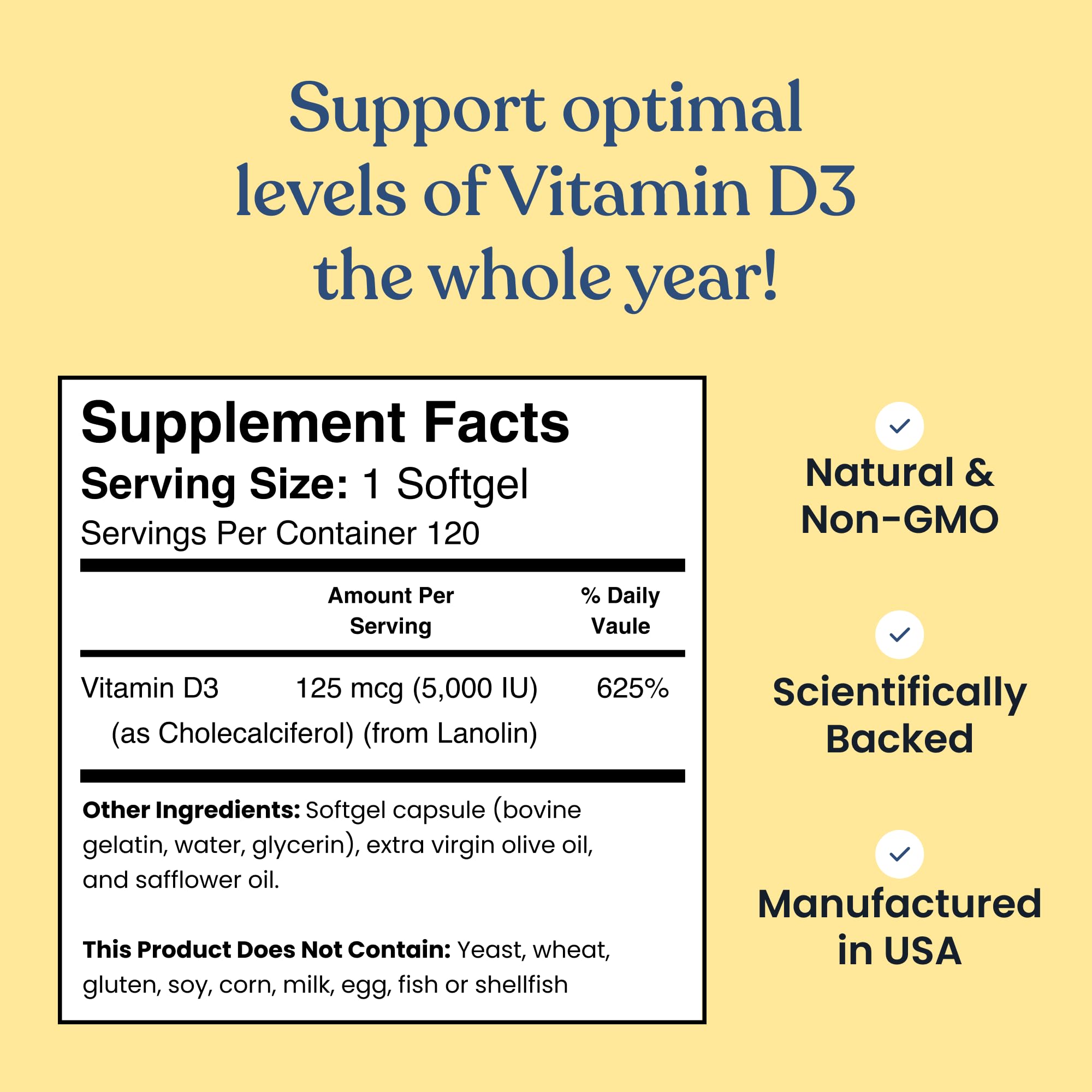 Better Way Health Vitamin D3 5000 IU Gel Capsules with measuring spoon