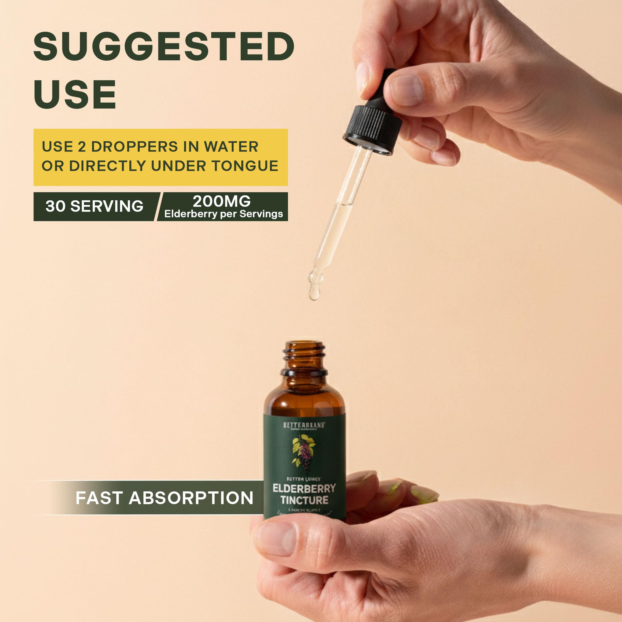 Betterbrand Elderberry Tincture bottle with natural background