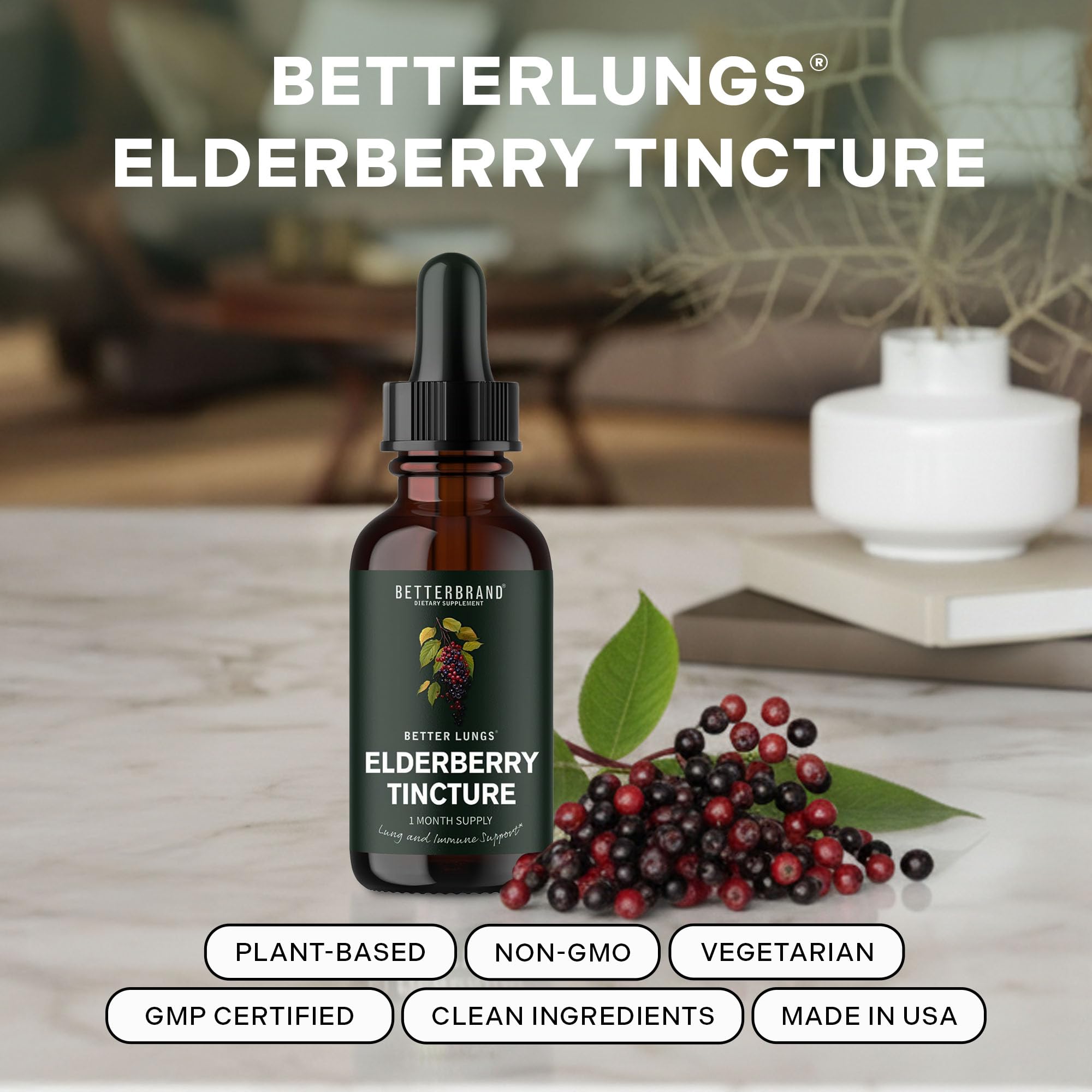 Betterbrand Elderberry Tincture dropper bottle side view
