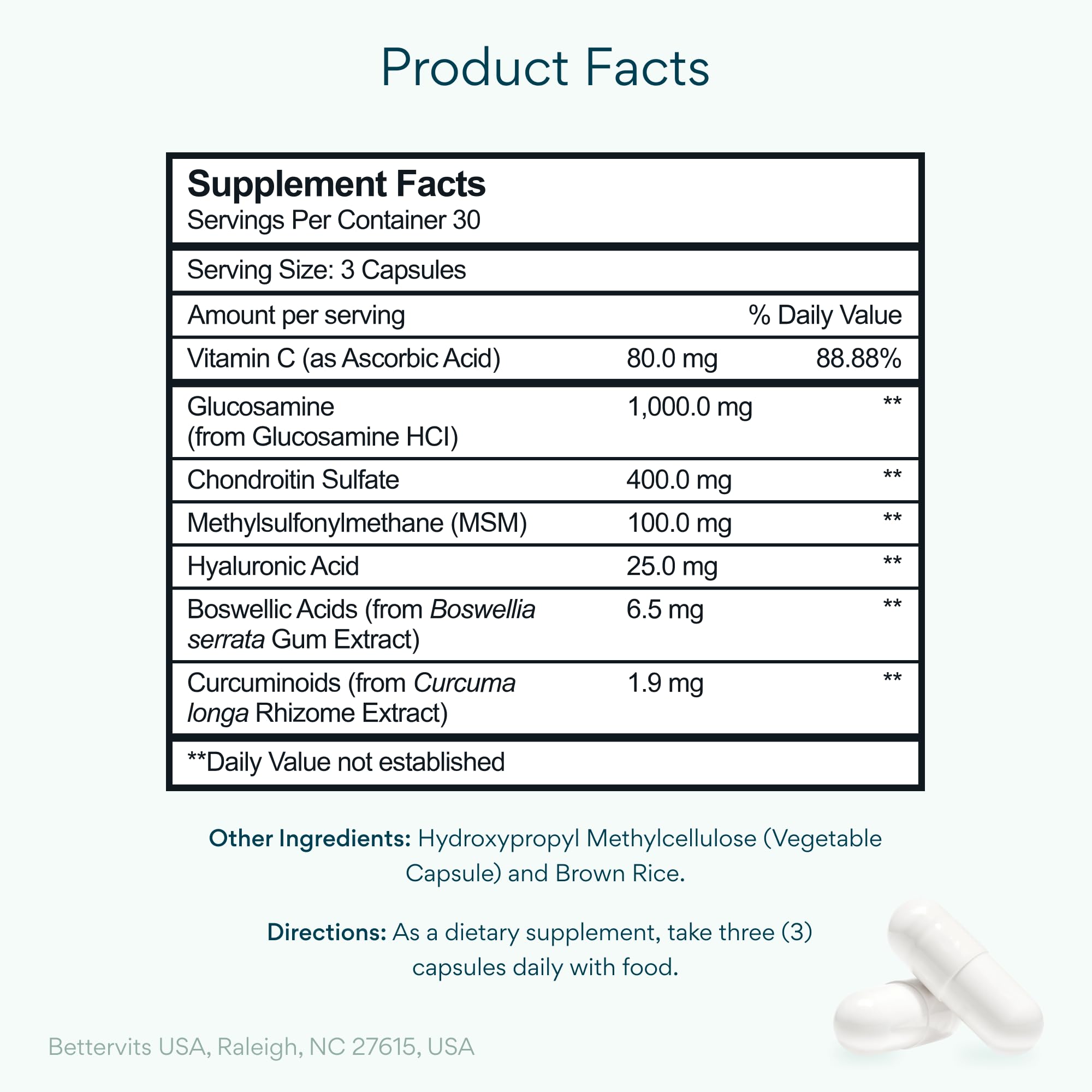 Bettervits Glucosamine Chondroitin MSM supplement side view