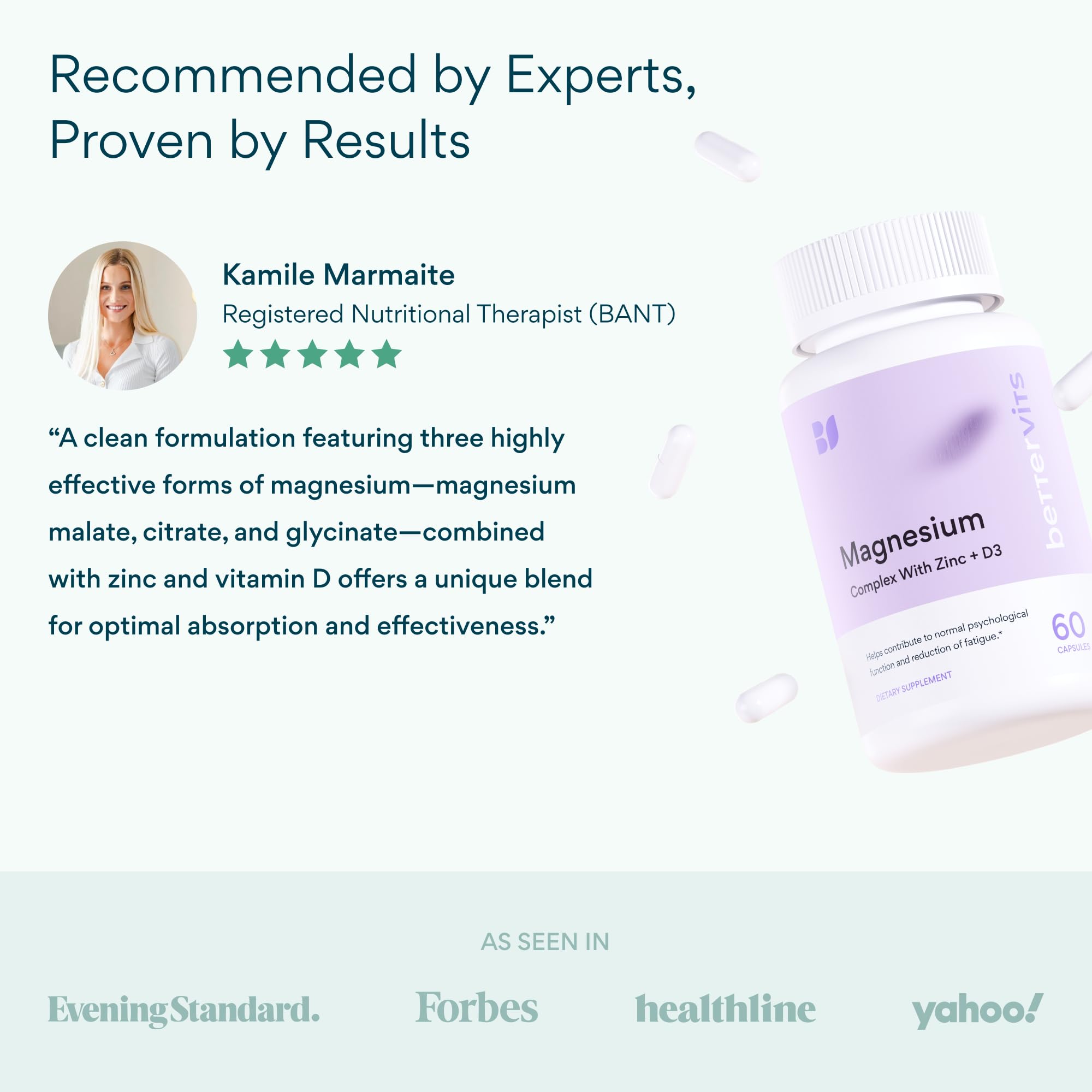Bettervits Magnesium Glycinate Complex capsules on a wooden table