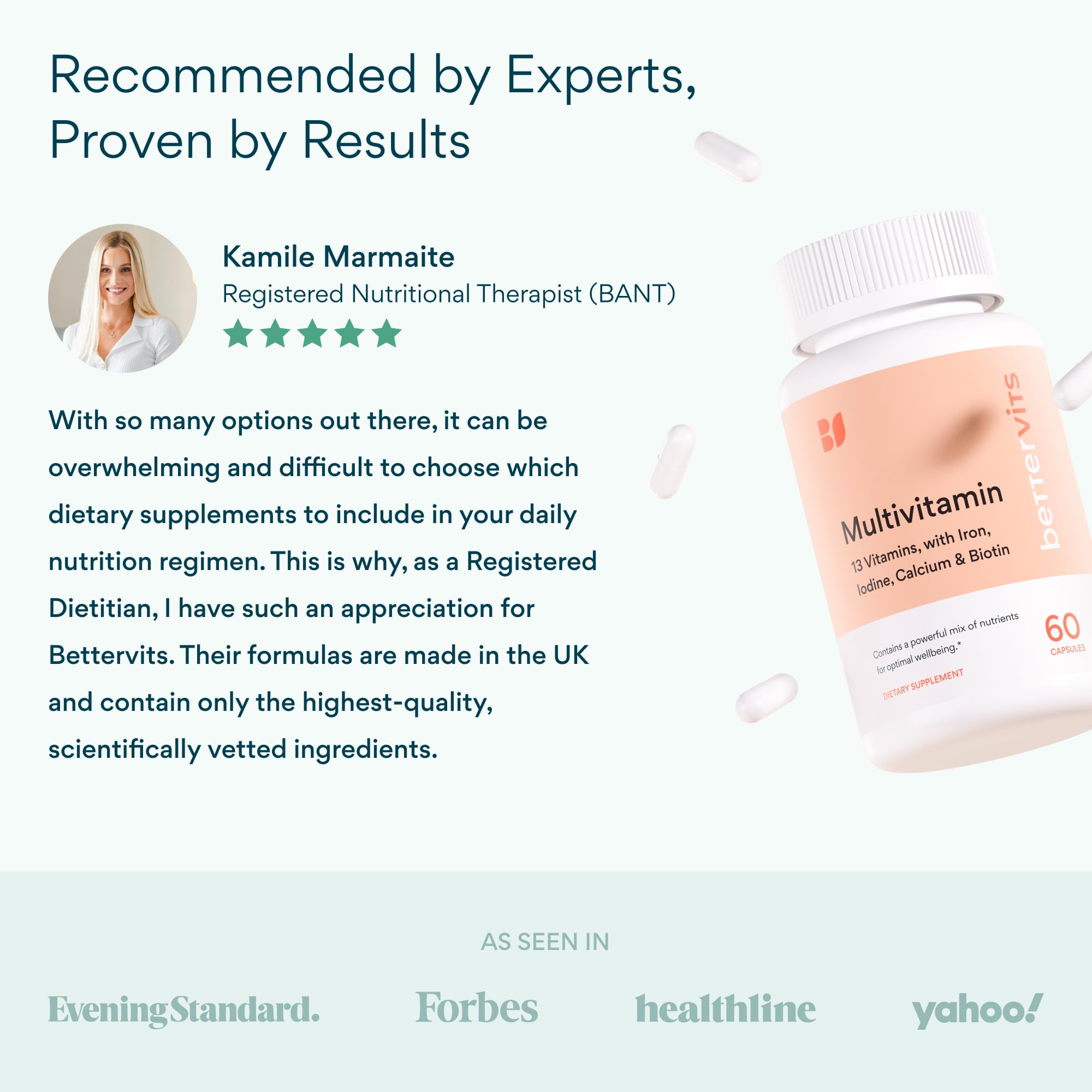 Bettervits Multivitamin Capsules displayed with fresh fruits