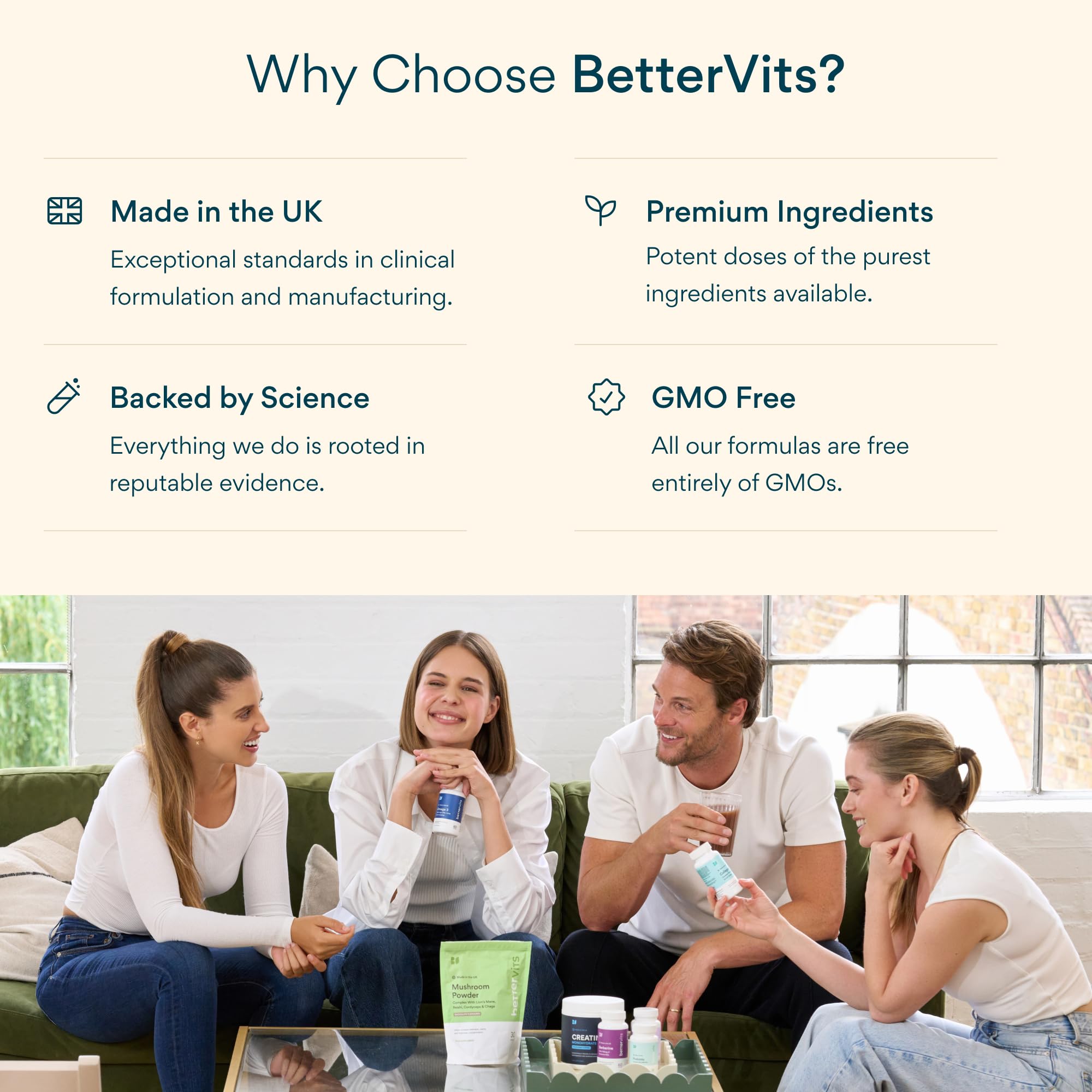 Bettervits Probiotics + Prebiotic Complex capsules on a wooden table