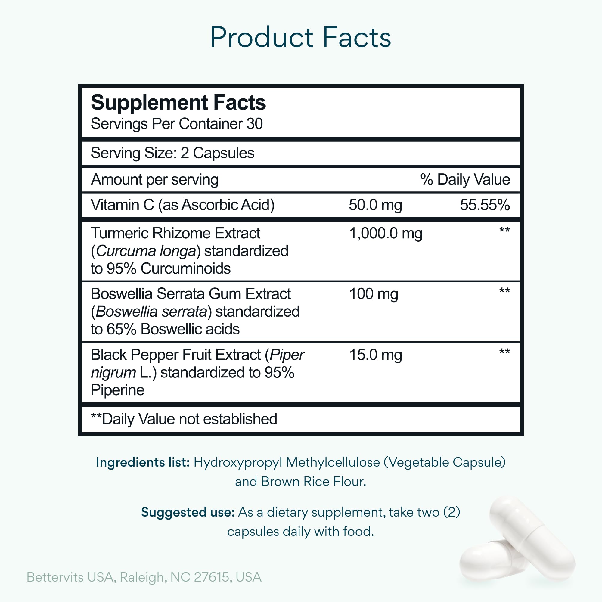 Bettervits Turmeric Curcumin Complex 1000mg capsules side view