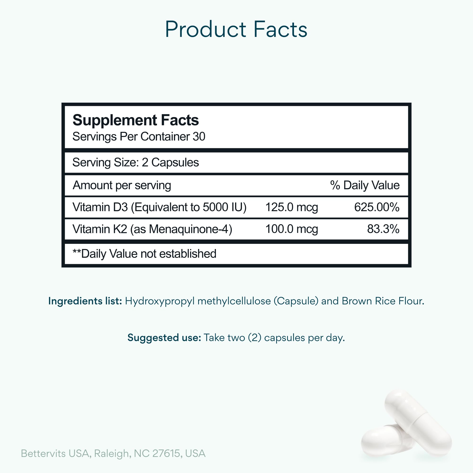 Bettervits Vitamin D3 K2 Capsules 5000 IU back view