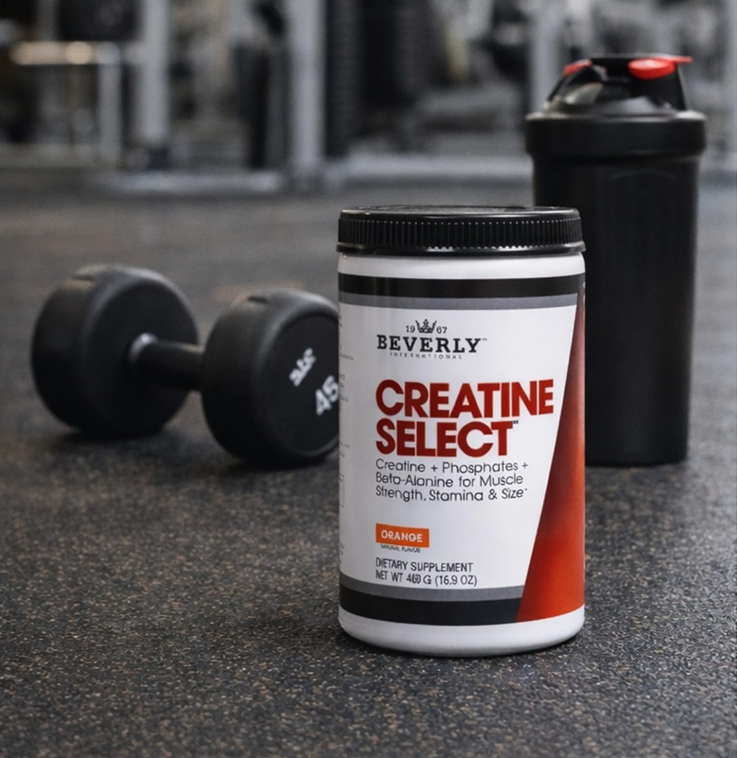 Beverly International Creatine Select 480g with a glass of water
