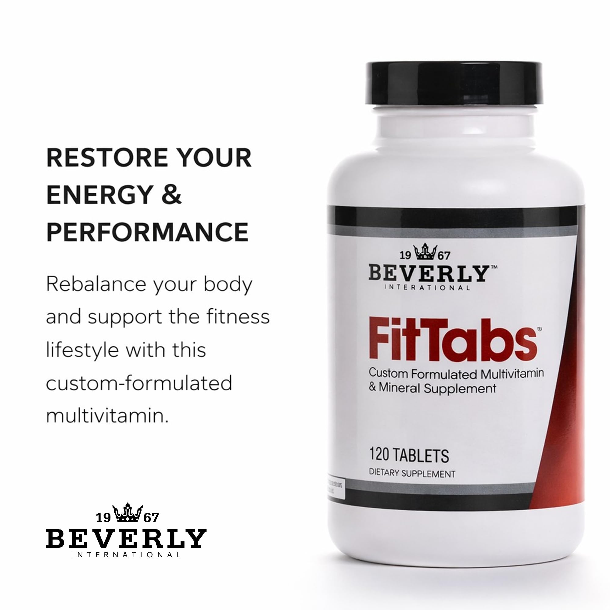 Beverly International FitTabs Multivitamins on a wooden table