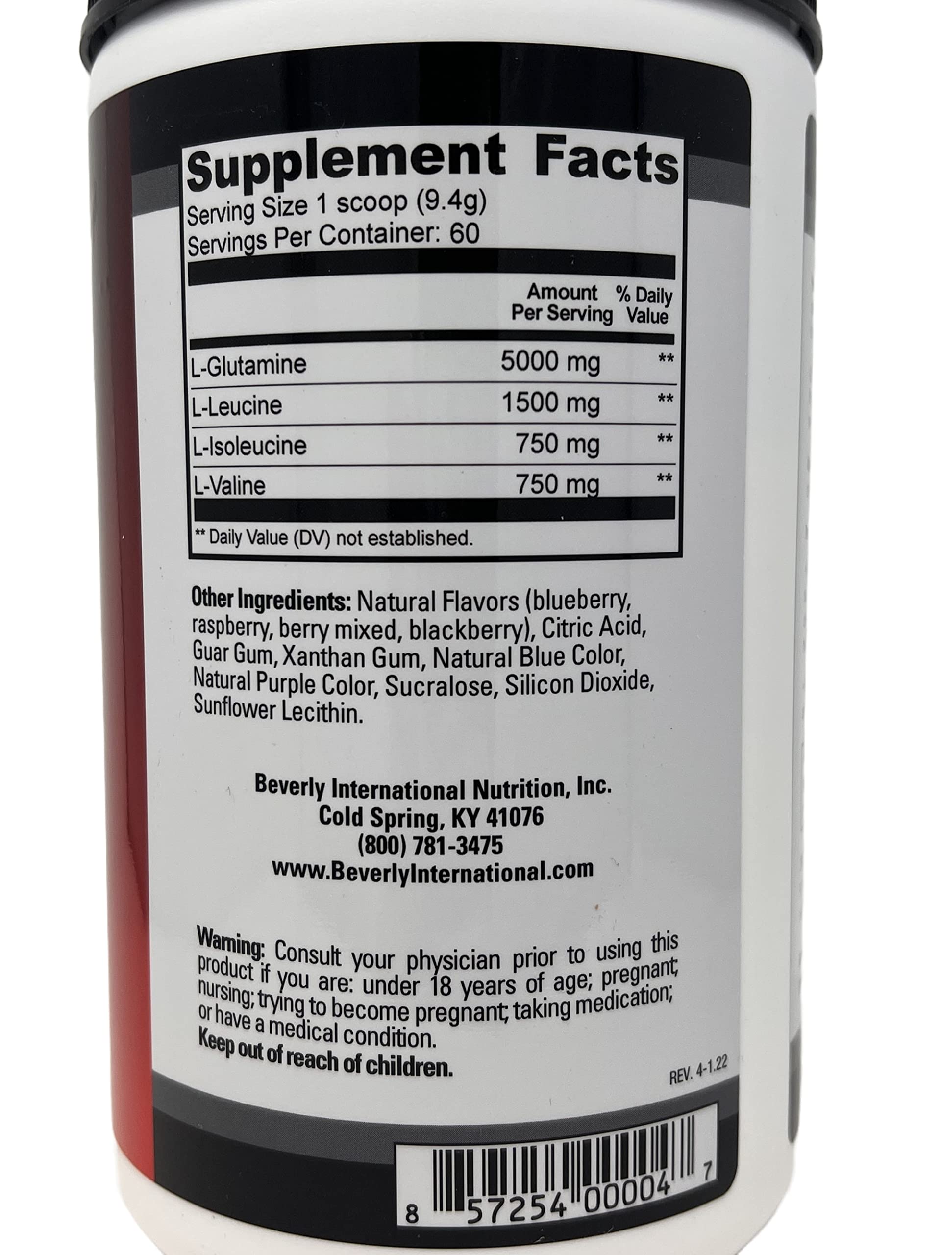 Beverly International Glutamine Select 649g Wild Berry nutrition label