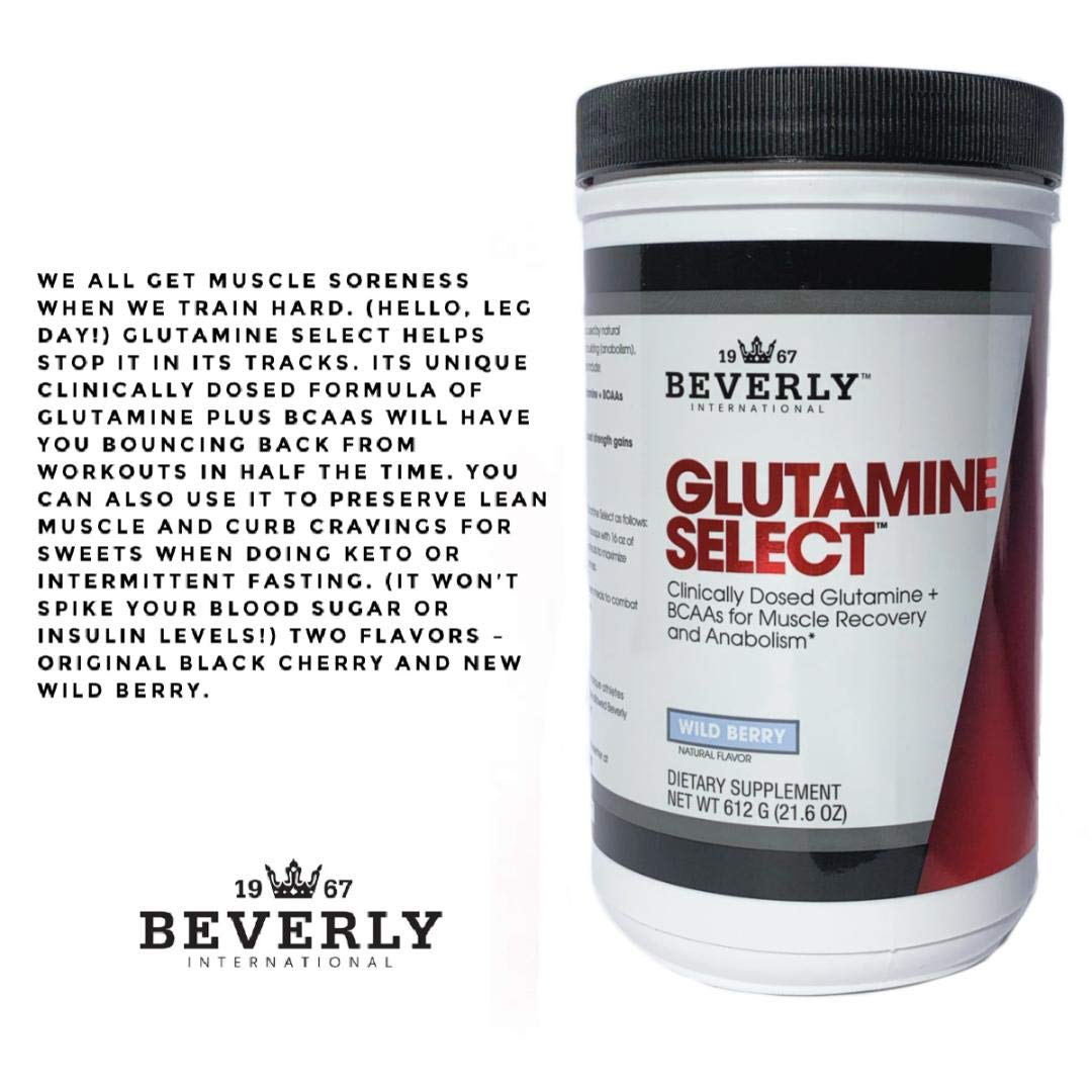 Beverly International Glutamine Select 649g Wild Berry scoop and powder