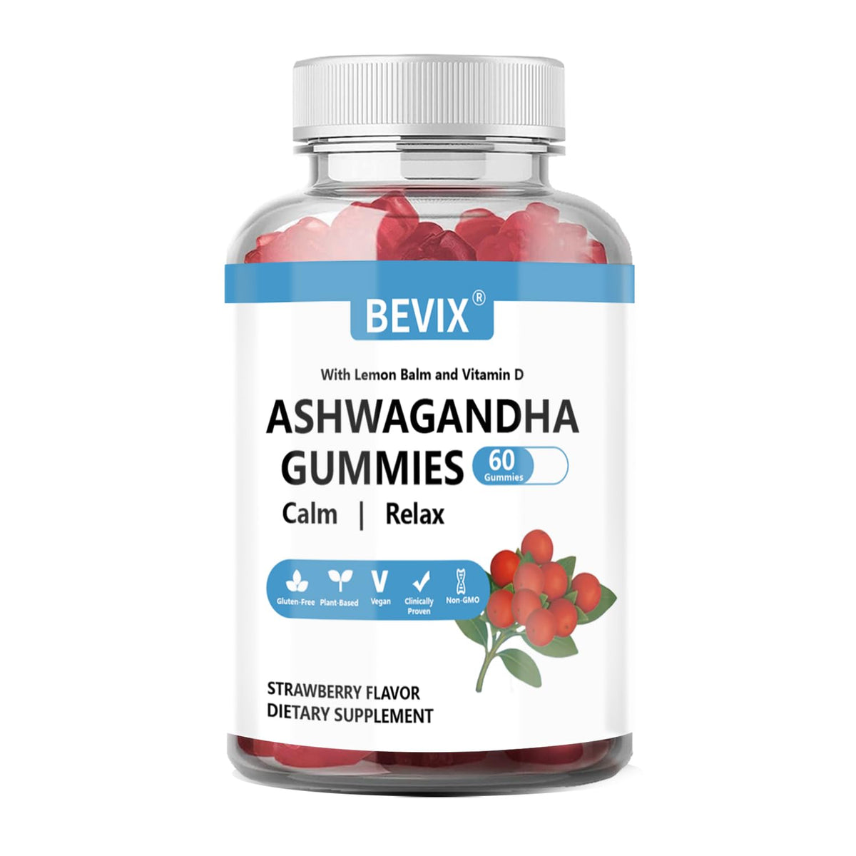 BEVIX Ashwagandha Gummies bottle front view with strawberry flavour