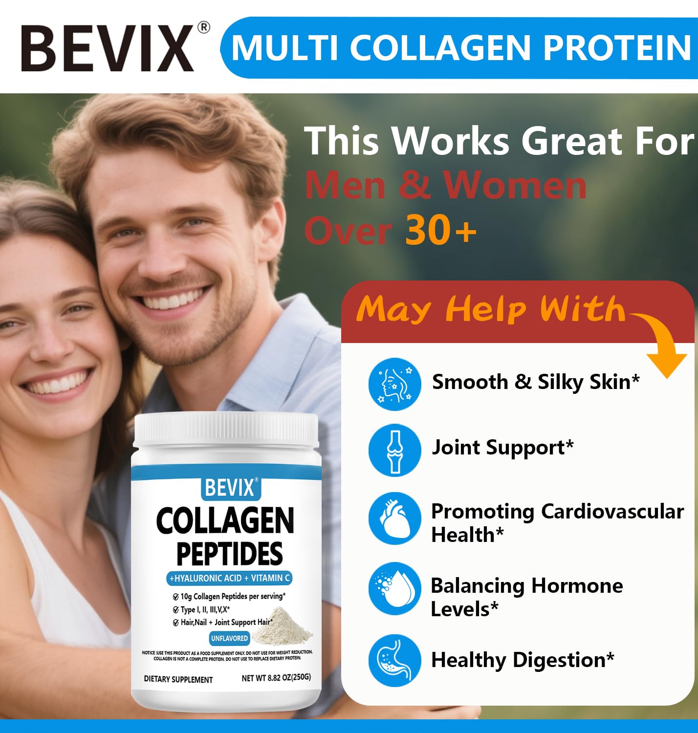 BEVIX Collagen Supplement 250g displayed in a lifestyle setting