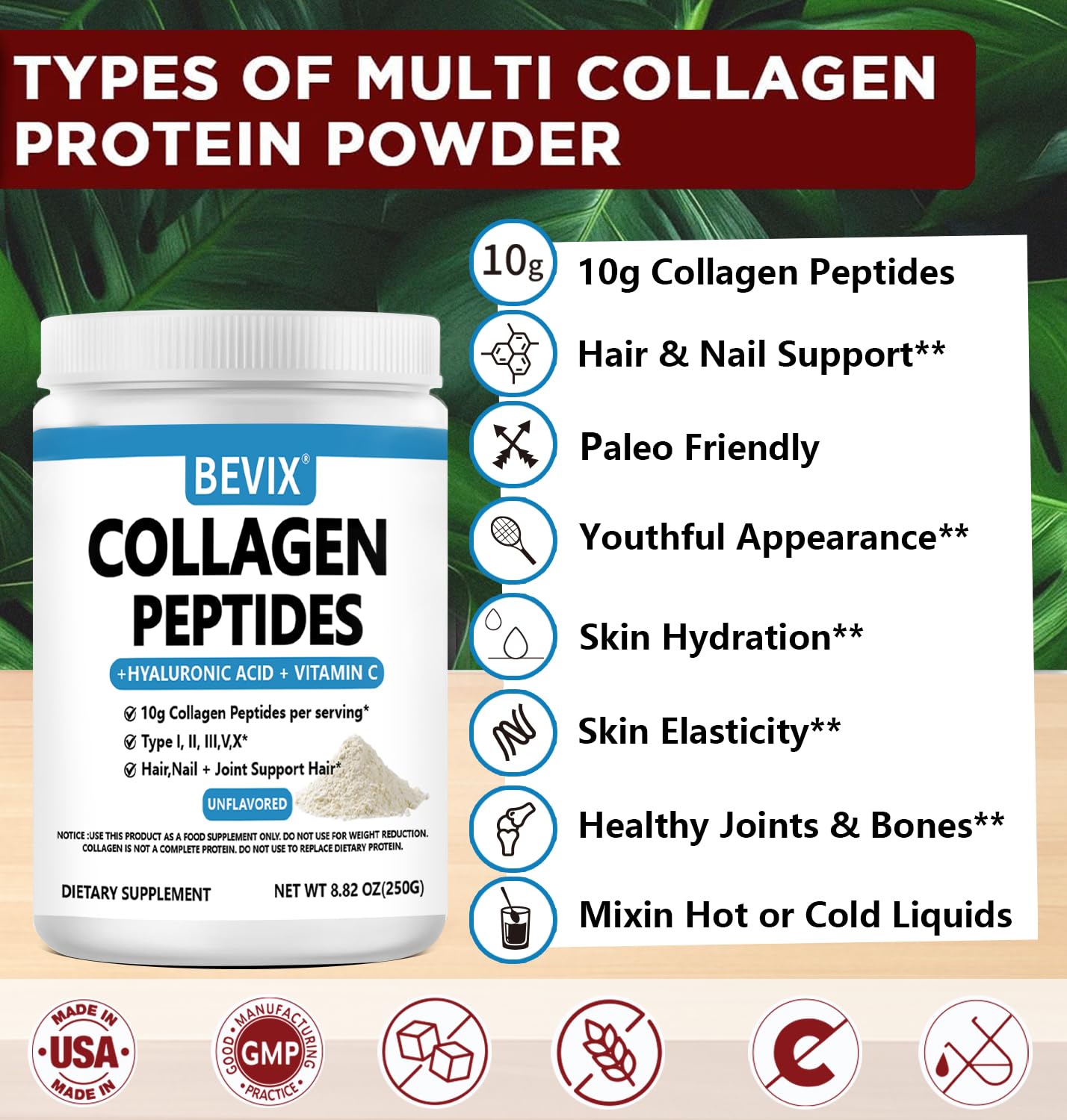 BEVIX Collagen Supplement 250g side view showing ingredients