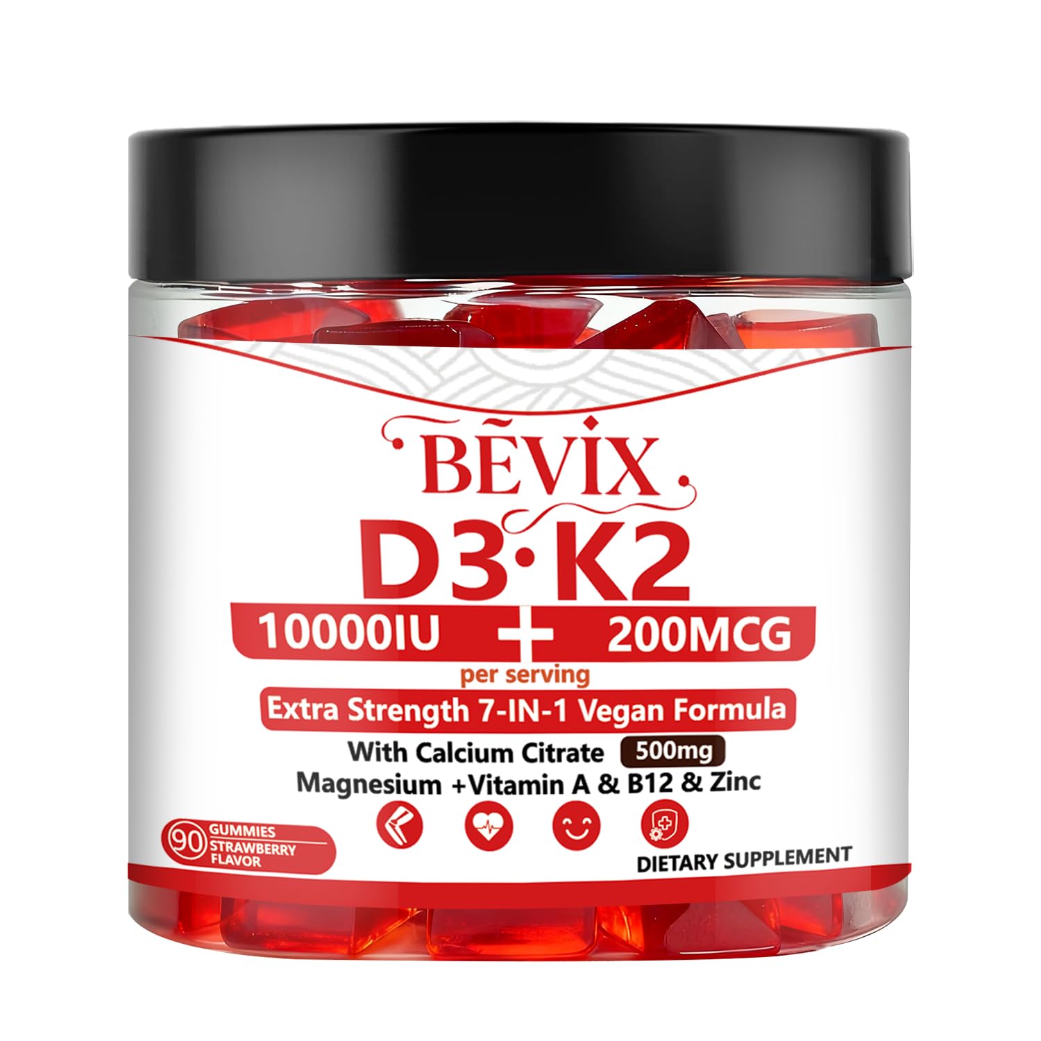 BEVIX D3 K2 Vitamin Gummies front view with packaging