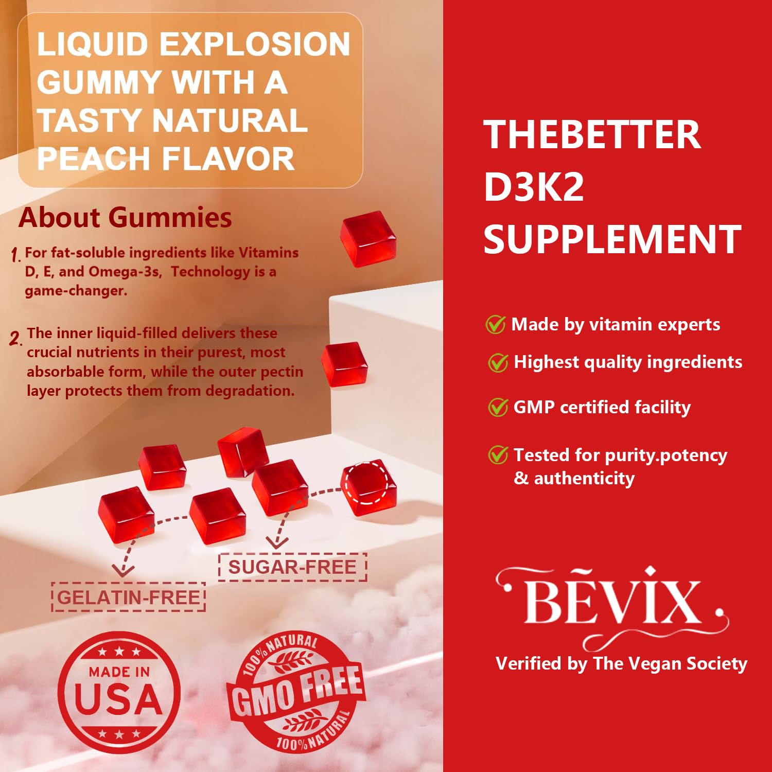 BEVIX D3 K2 Vitamin Gummies side view showing ingredients