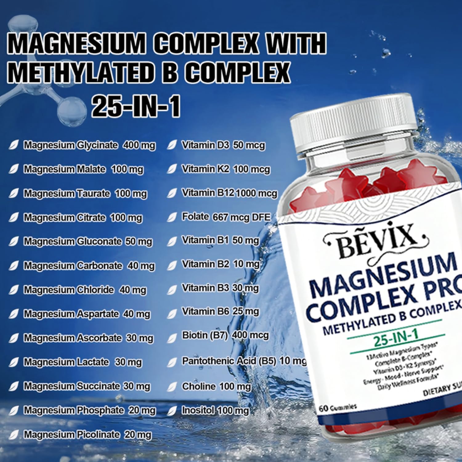 BEVIX Magnesium Glycinate Gummies close-up of ingredients list