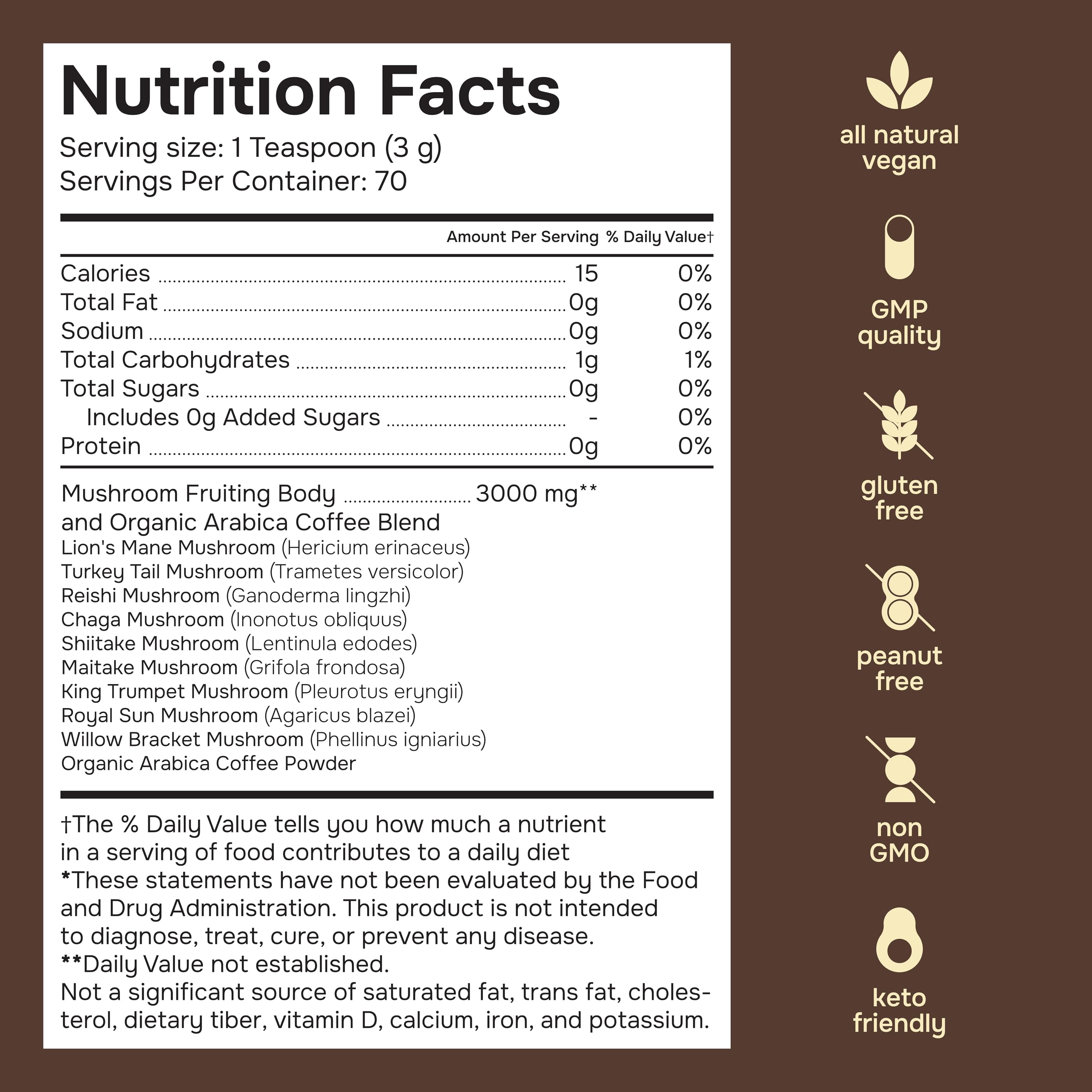 BeWonder Mushroom Coffee Blend 272g back view with ingredient list