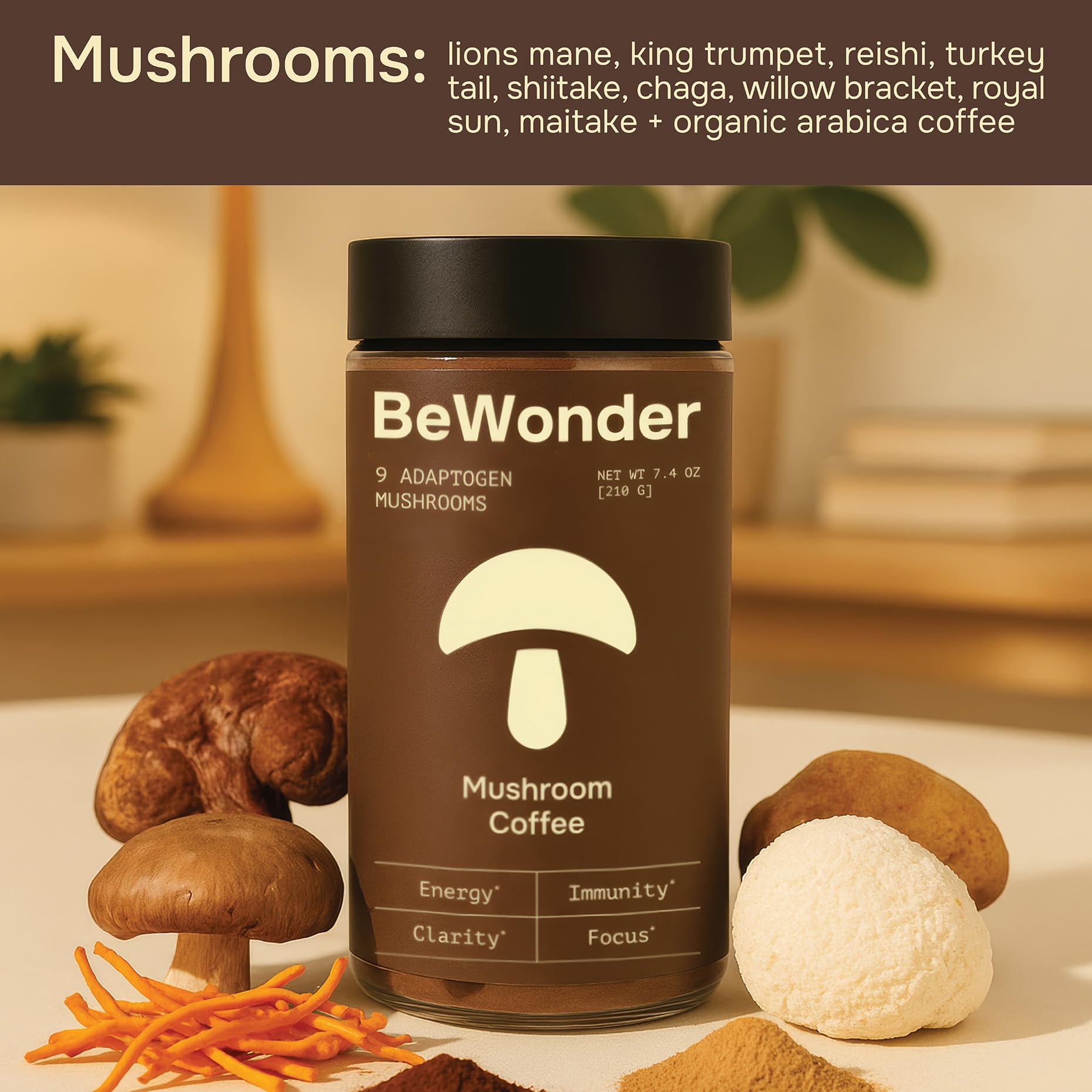 BeWonder Mushroom Coffee Blend 272g in a cup with coffee beans