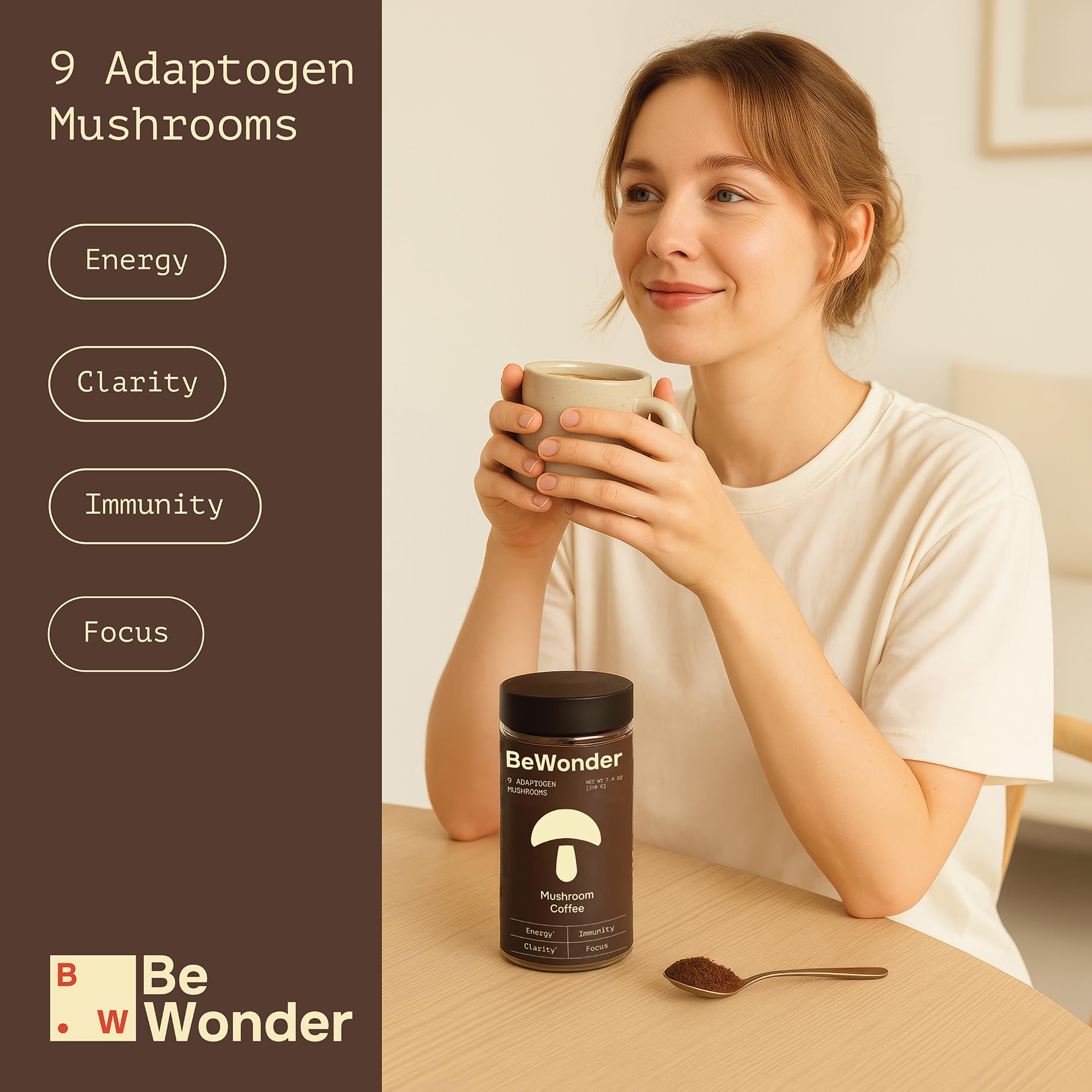 BeWonder Mushroom Coffee Blend 272g side view showing nutritional information
