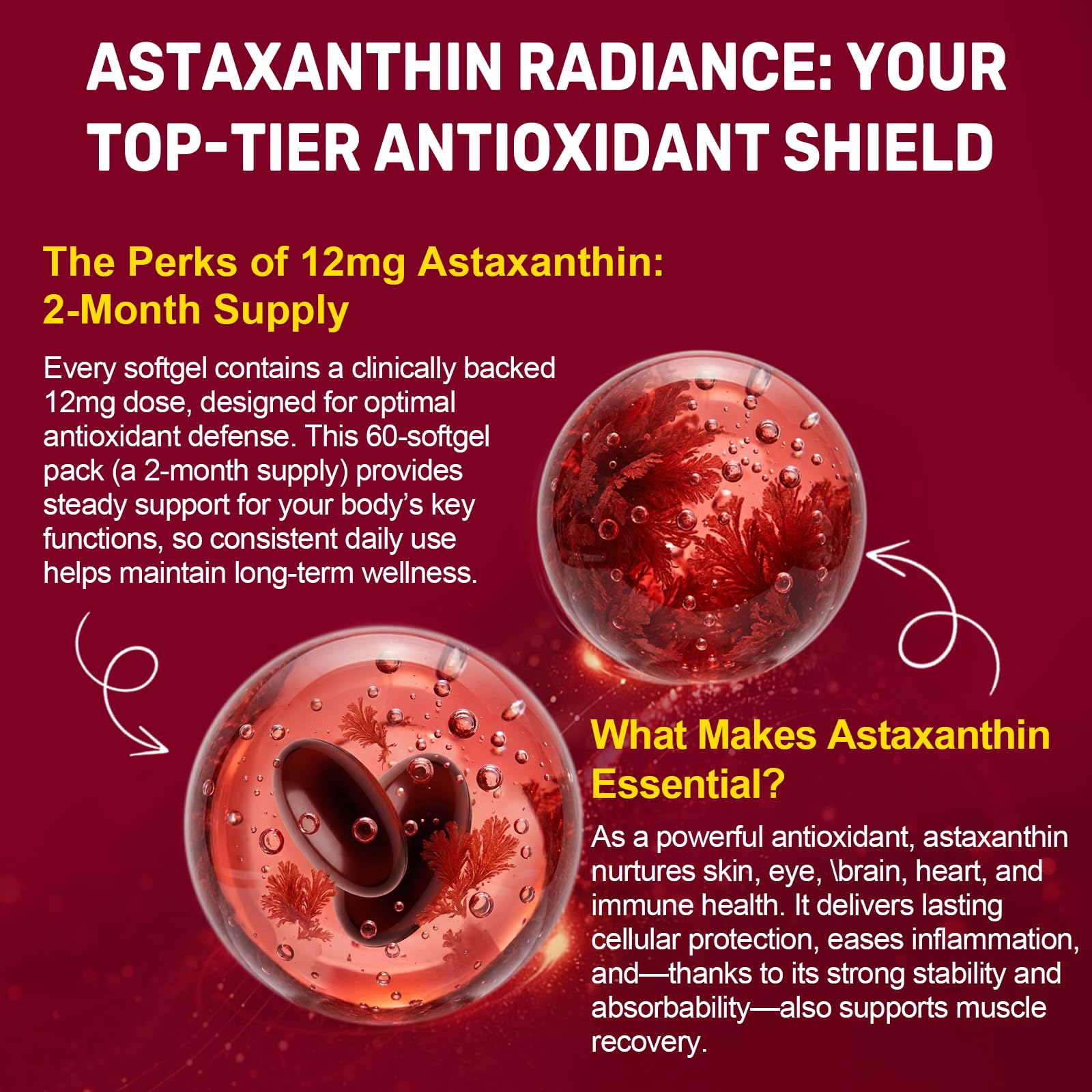 BEWORD Astaxanthin Softgels 12mg softgels on a wooden table
