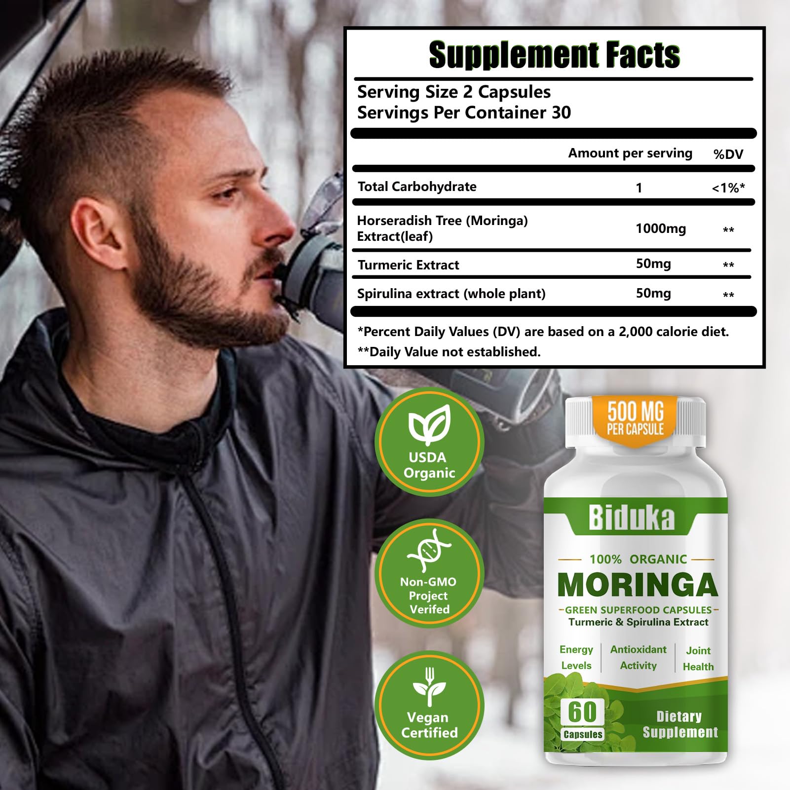 Biduka Moringa Leaf Powder Capsules 1000mg capsules on a table