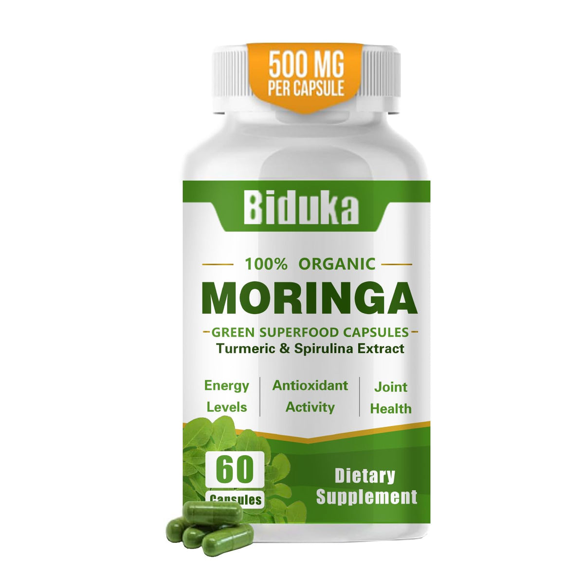 Biduka Moringa Leaf Powder Capsules 1000mg front view