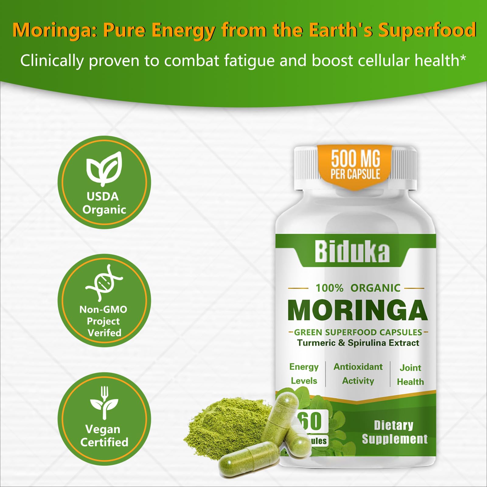 Biduka Moringa Leaf Powder Capsules 1000mg packaging details