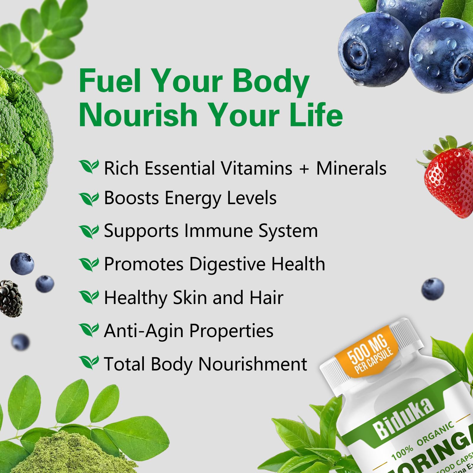 Biduka Moringa Leaf Powder Capsules 1000mg side view