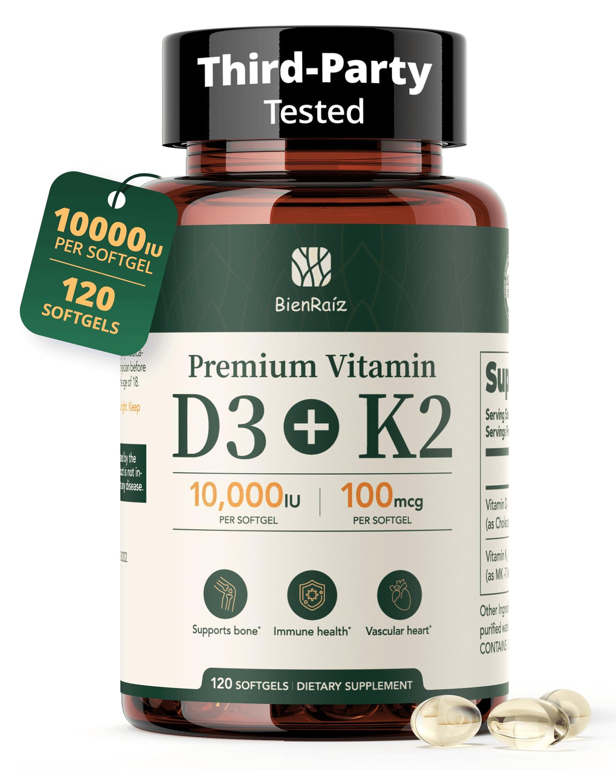 BienRaíz Vitamin D3 + K2 10000 IU supplement capsules front view