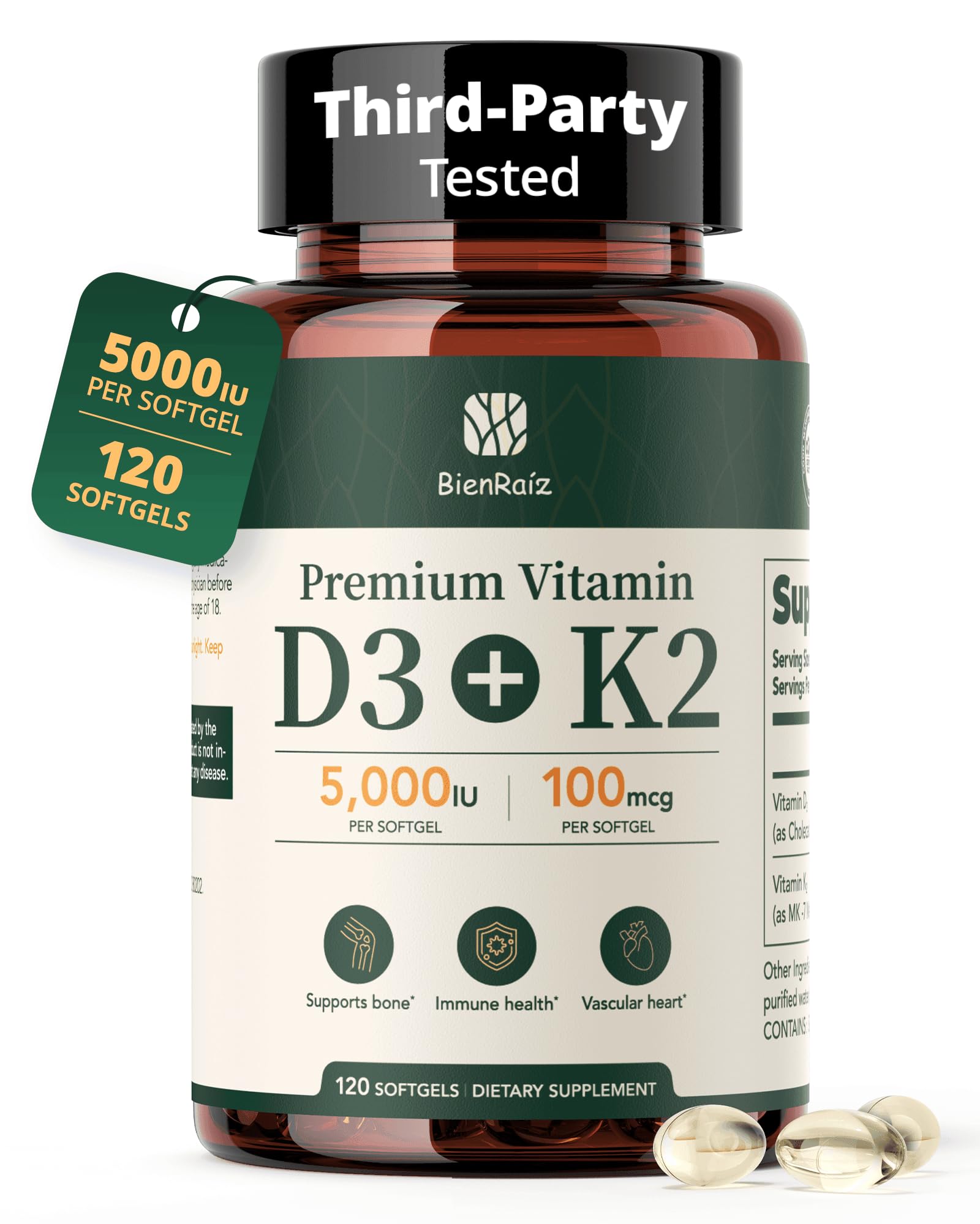 BienRaíz Vitamin D3 + K2 5000 IU supplement capsules front view