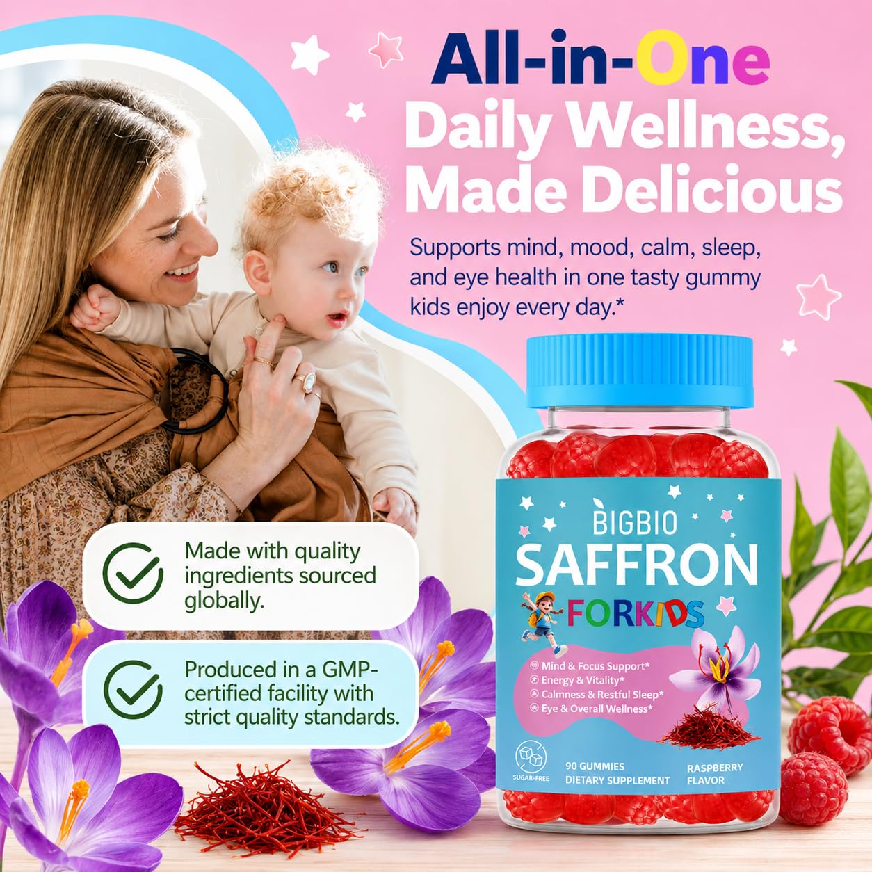BIGBIO Saffron for Kids Gummies back view of packaging
