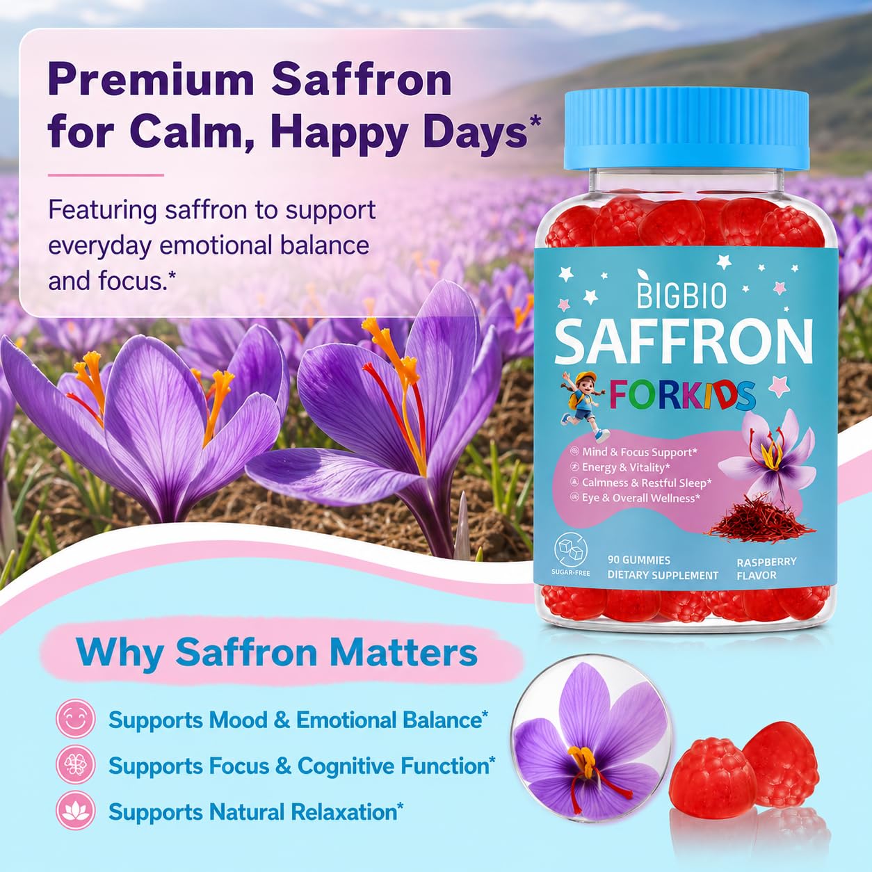 BIGBIO Saffron for Kids Gummies on a table with other supplements