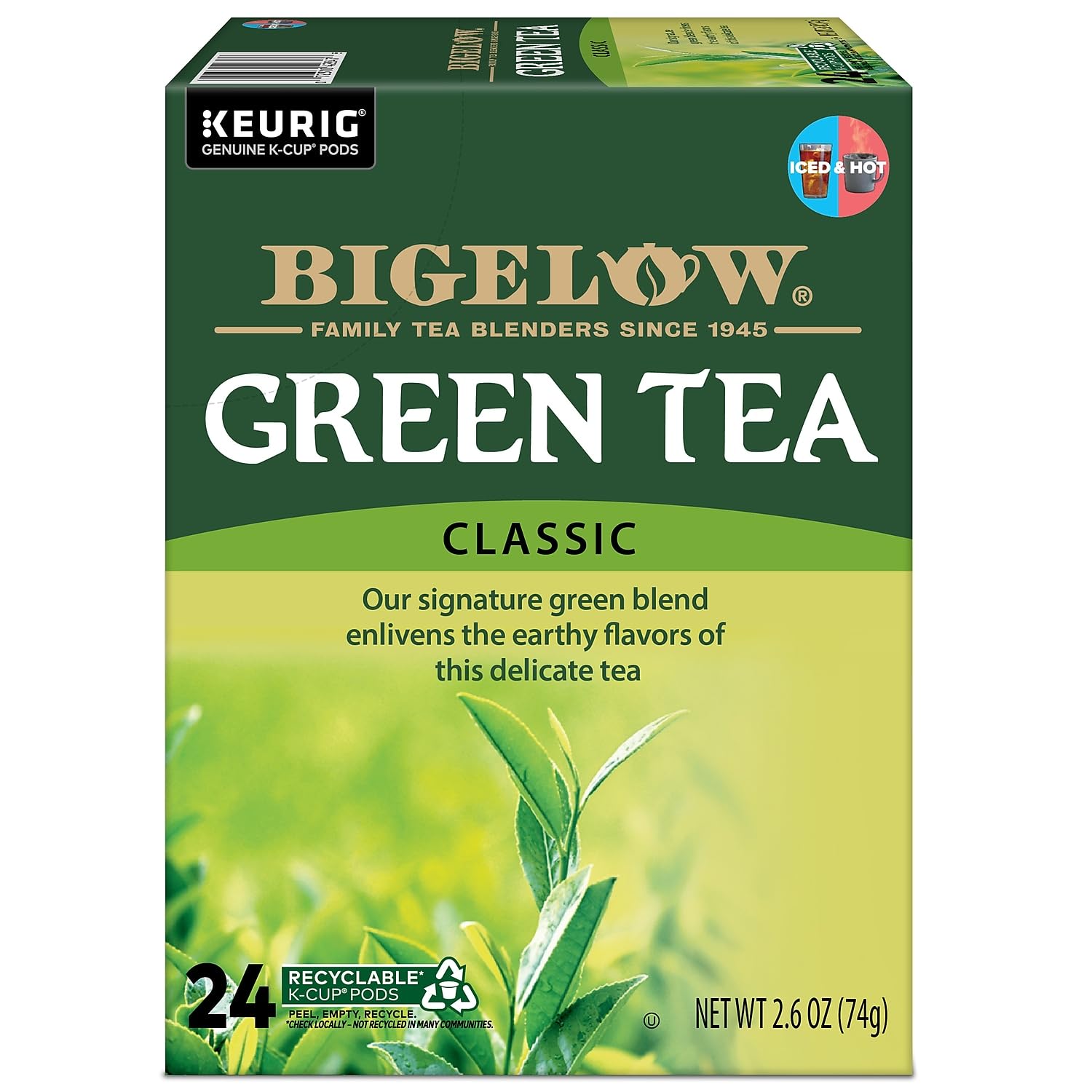 Bigelow Tea Green Tea K-Cup Pods with a cup of brewed tea