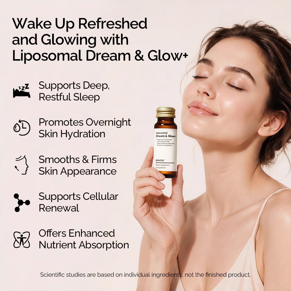 BIGVITA Liposomal Dream & Glow+ shot bottle close-up
