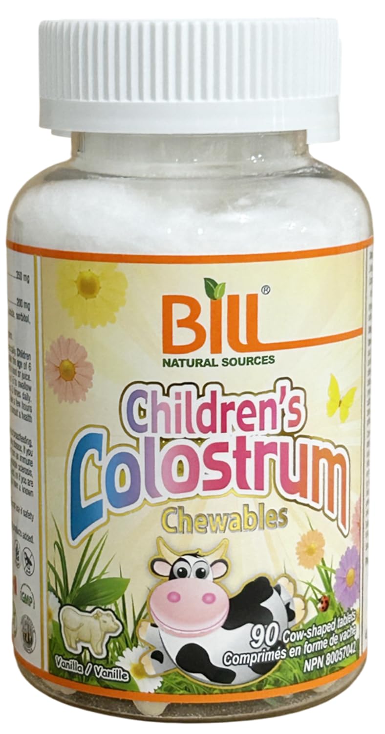 Bill Natural Sources Children's Colostrum Chewable Tablets with a measuring spoon
