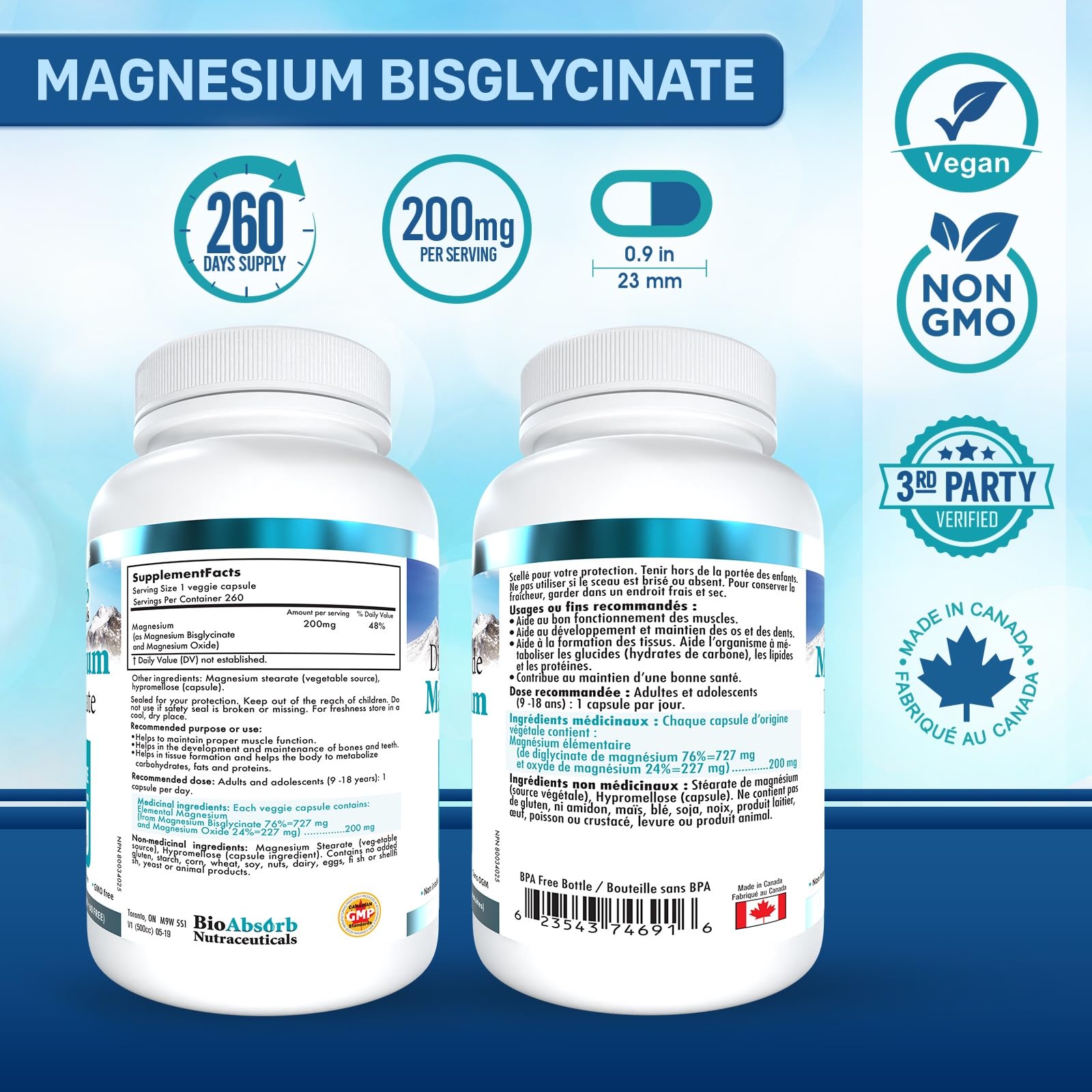 Bio Absorb Magnesium Bisglycinate 200mg side view showing capsule