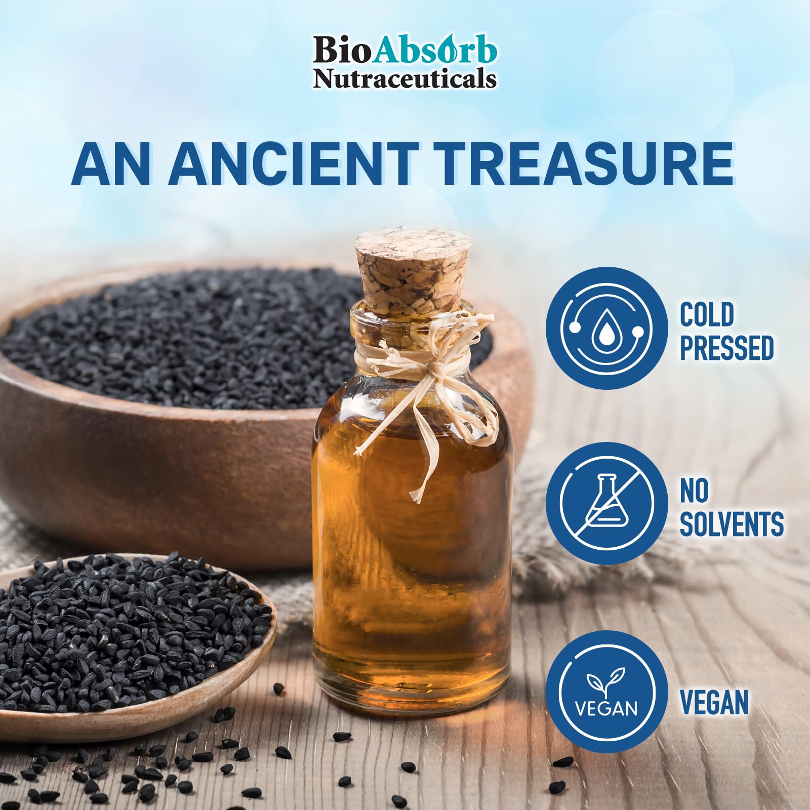 Bio Absorb Nutraceuticals Black Seed Oil Softgel Capsules with a measuring spoon