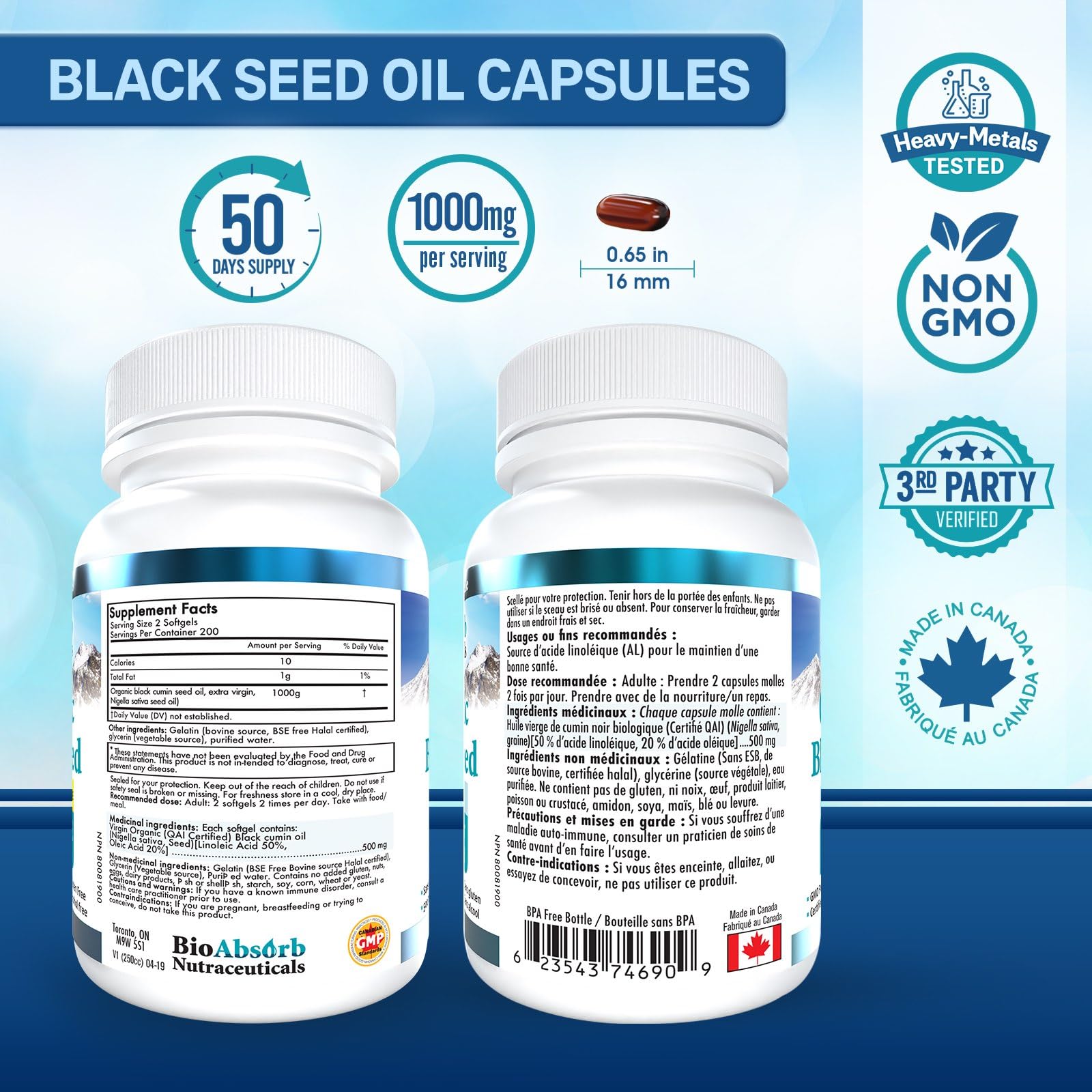 Bio Absorb Nutraceuticals Black Seed Oil Softgel Capsules with ingredients list