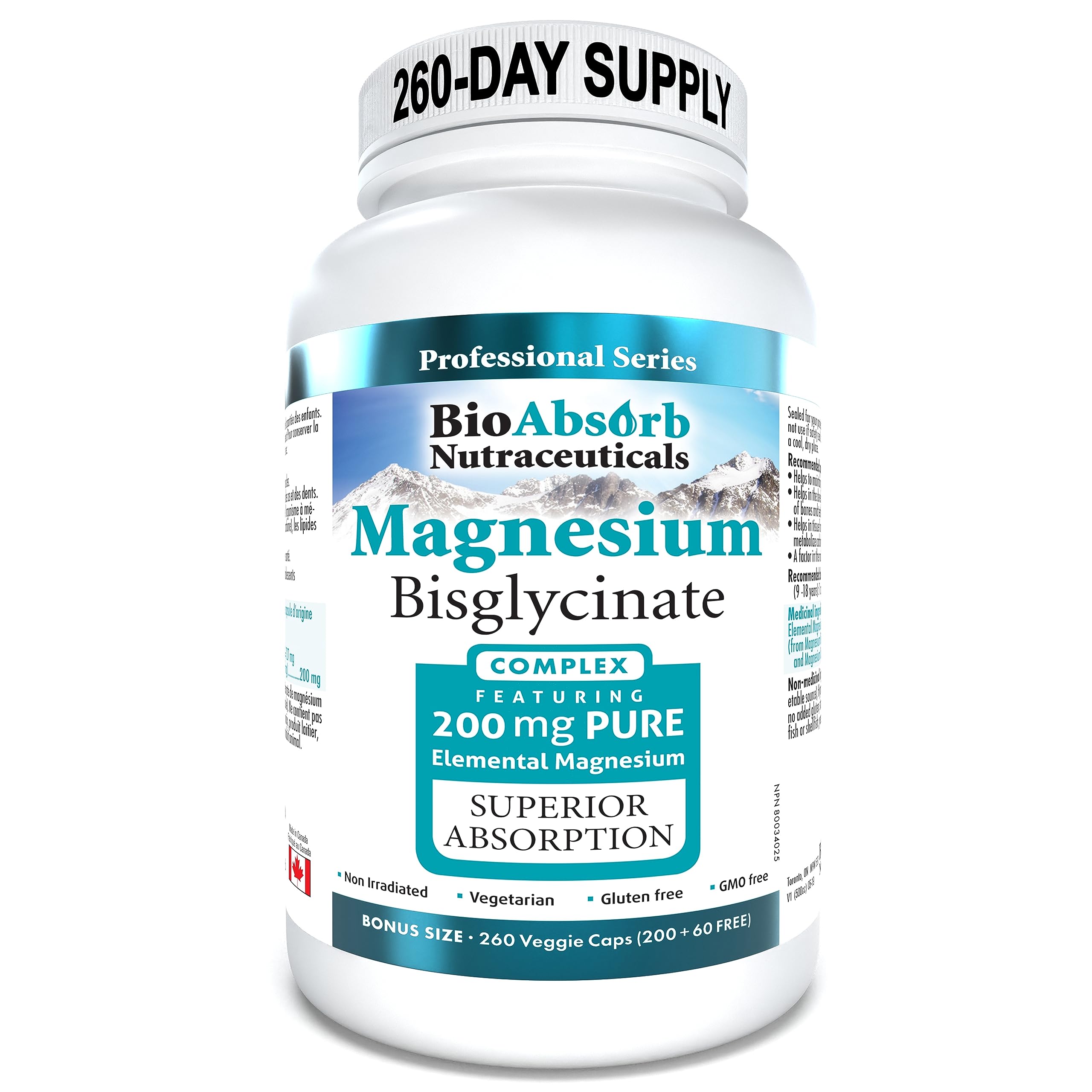 Bio Absorb Nutraceuticals Magnesium Bisglycinate 200mg front view