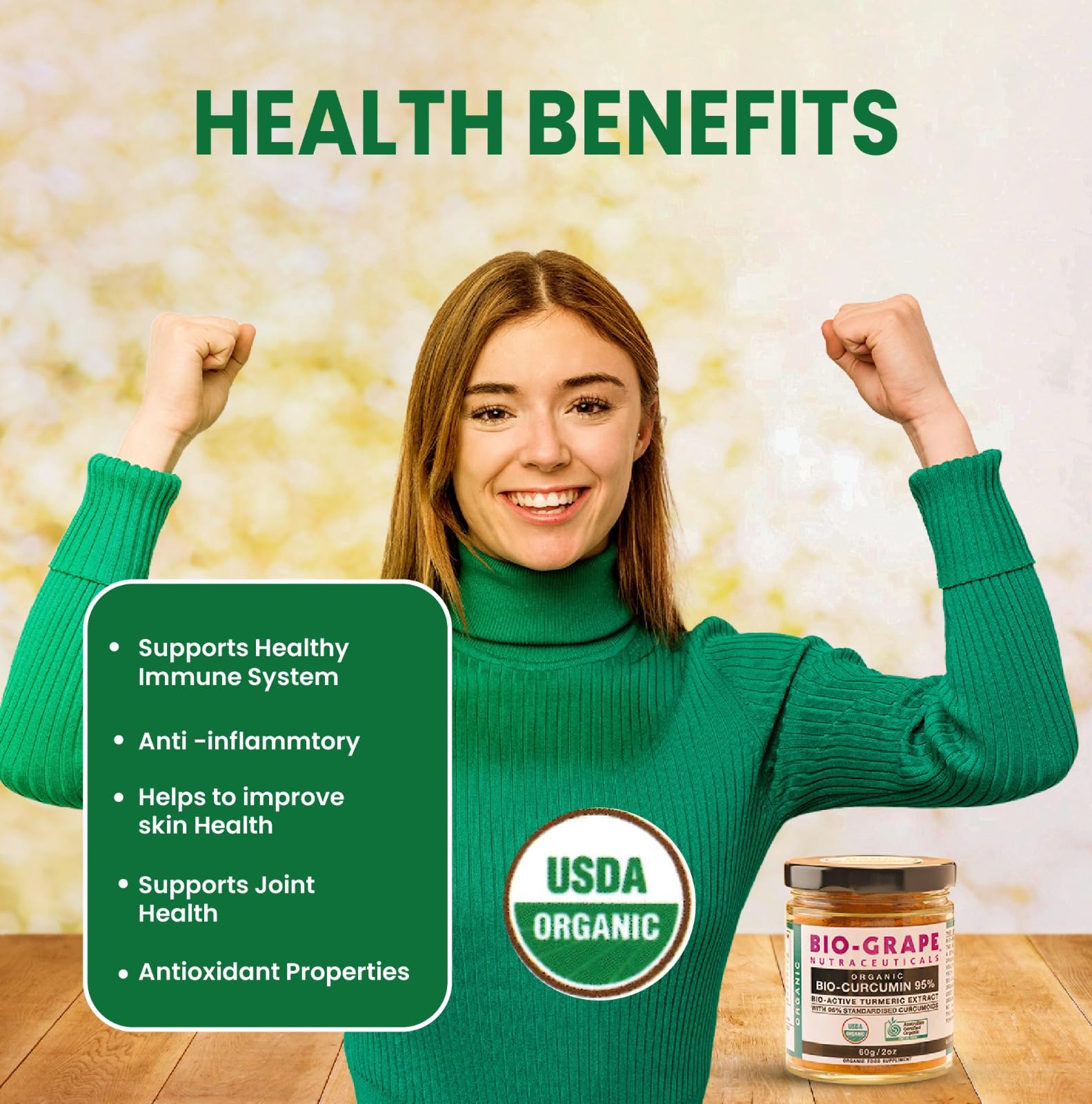 BIO-GRAPE Organic Bio-Curcumin 95% Turmeric Powder 60g in a bowl
