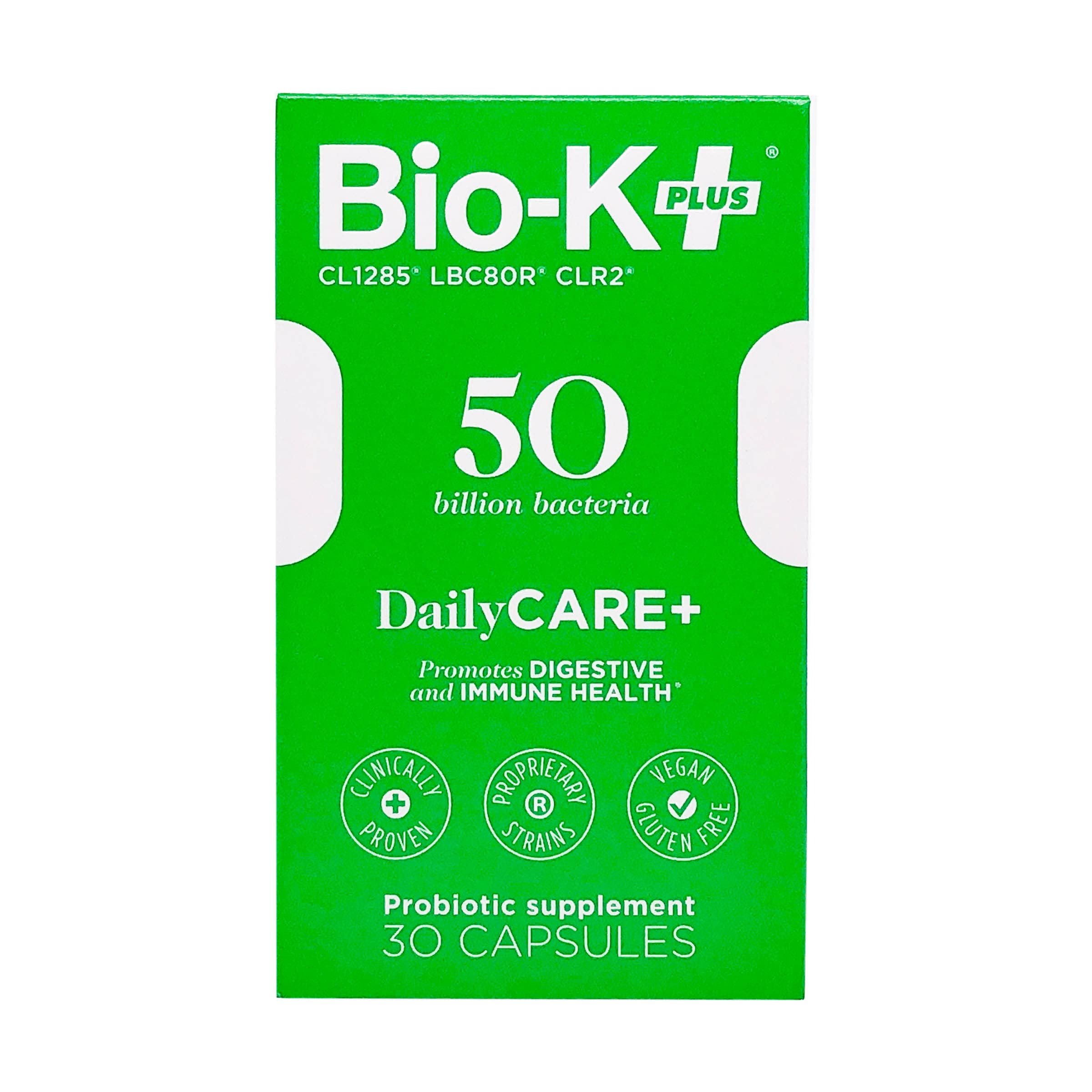 Bio-K Plus Probiotic Capsules with a hand holding one capsule