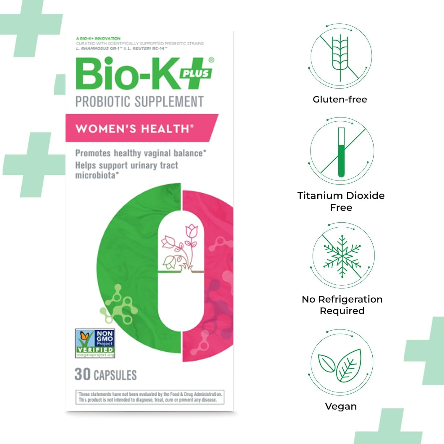 Bio-K Plus Women's Health Probiotic capsules with measuring spoon