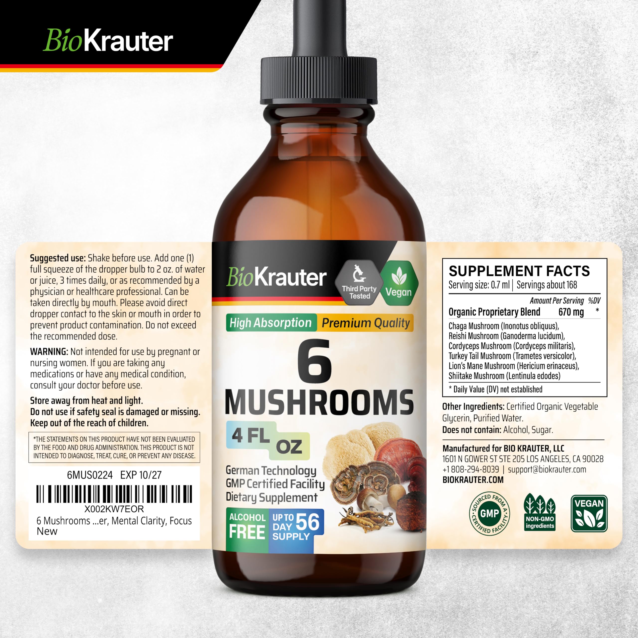 BIO KRAUTER 6 Mushrooms Tincture close-up of dropper